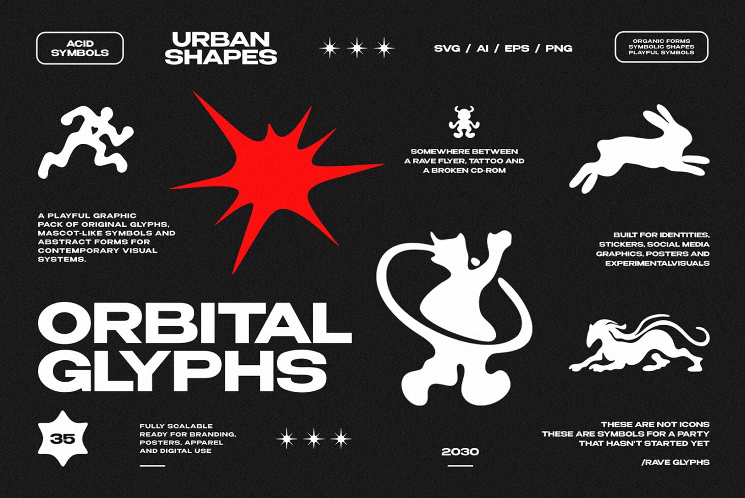 Urban Shapes graphic pack with 35 playful glyphs, mascots, symbols for branding, posters, social media
