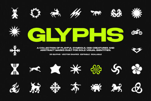 35 vector glyphs with quirky creatures, stars, flowers, symbols on black background