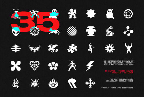 35 glyph vector shapes collection with surreal creatures, icons, organic marks on black background