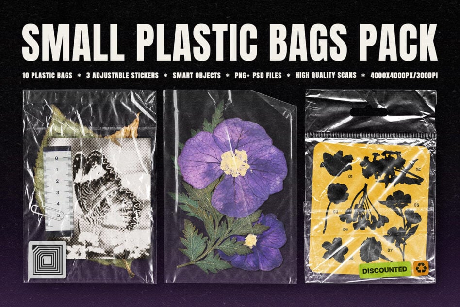 Small plastic bags mockup pack with 10 sealed pouches showing botanical prints, stickers, labels