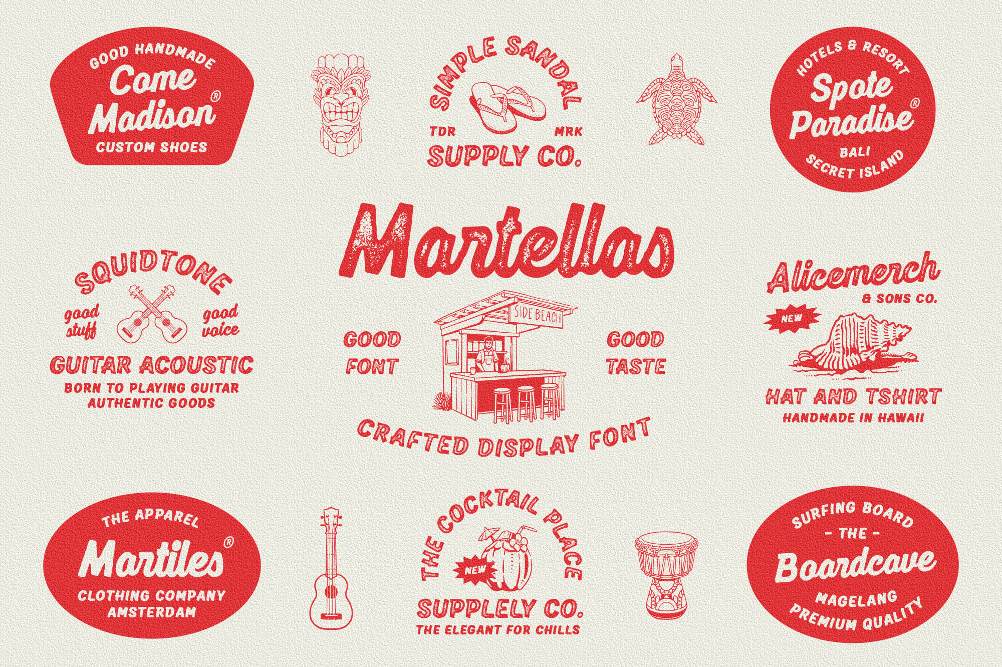 Martellas crafted display font with retro brand logos, badges, guitar icons in red on cream background
