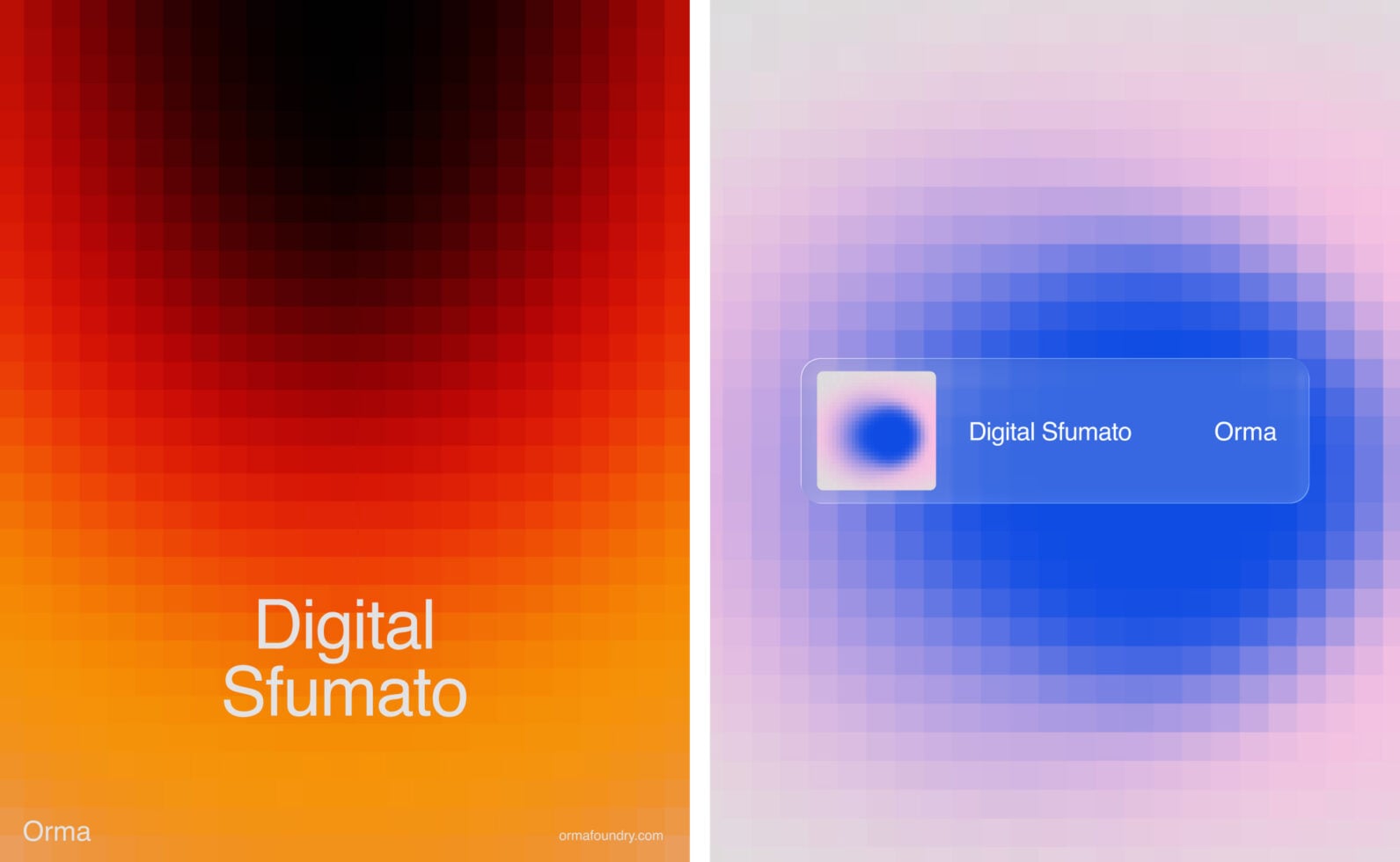 Split screen mockup showing Digital Sfumato gradient on red-to-orange left side, blue-to-pink right with card layout