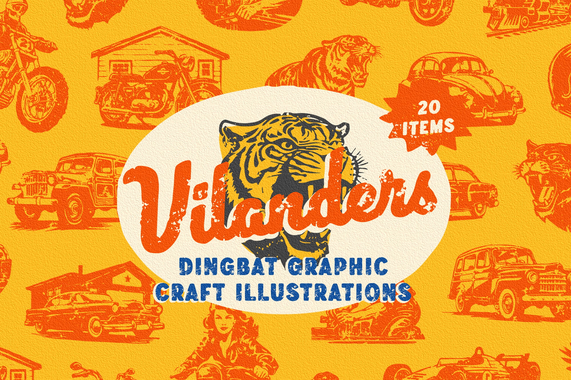 Vintage illustration pack with tigers, cars, bikes, houses scattered on bright yellow background