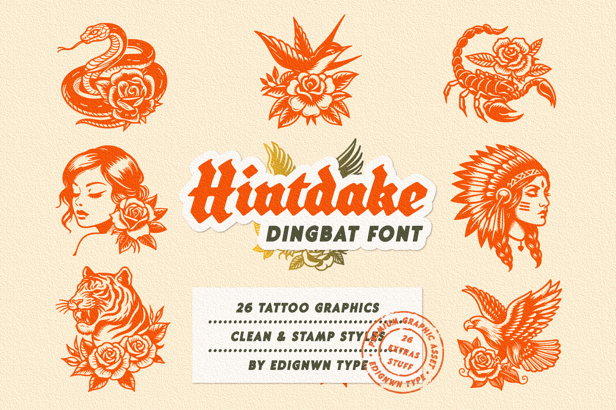 Hindtake Dingbat Font with 26 retro tattoo illustrations in bold orange linework style