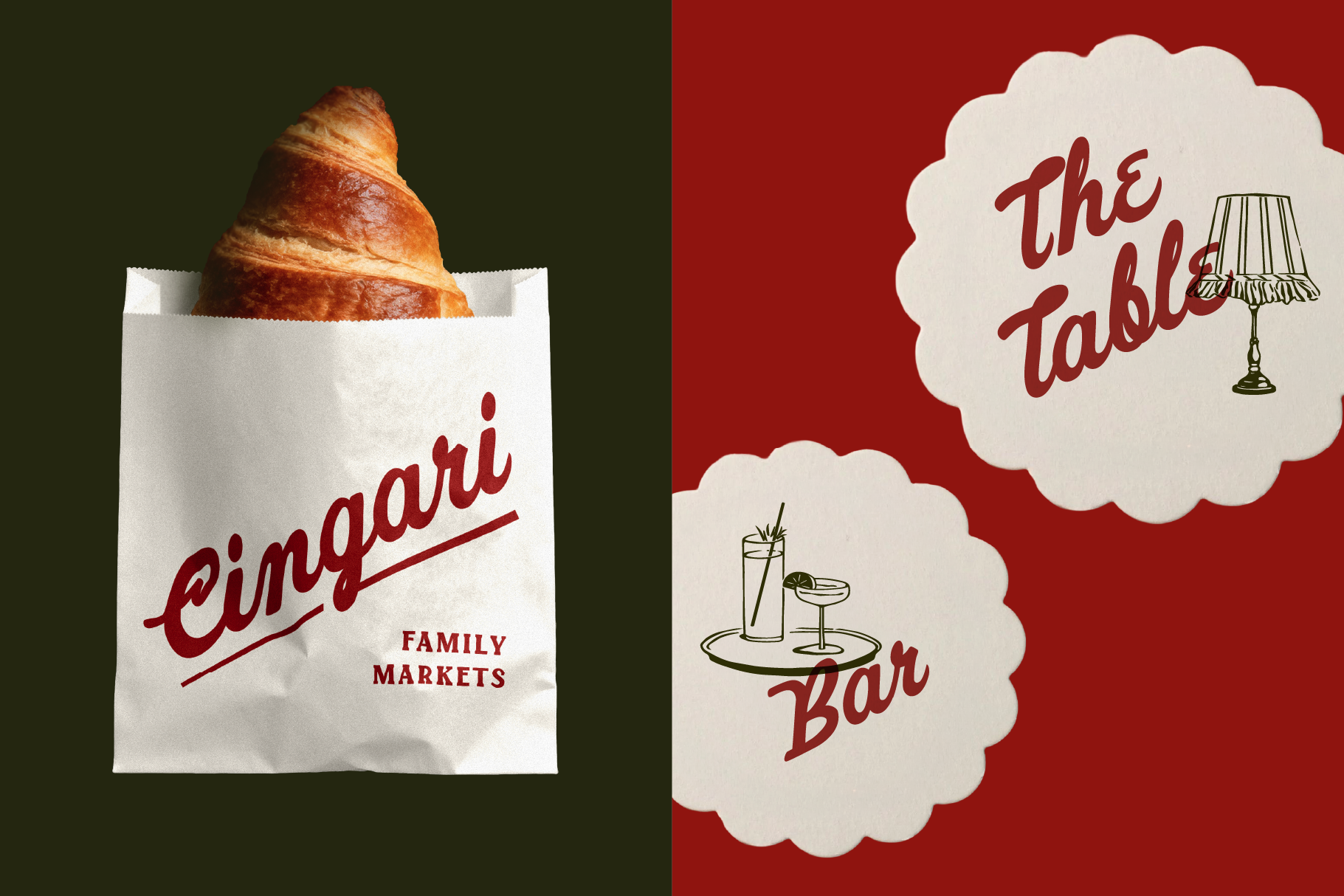 Vintage deli bag mockup with croissant, plus retro diner signage for table, bar concepts