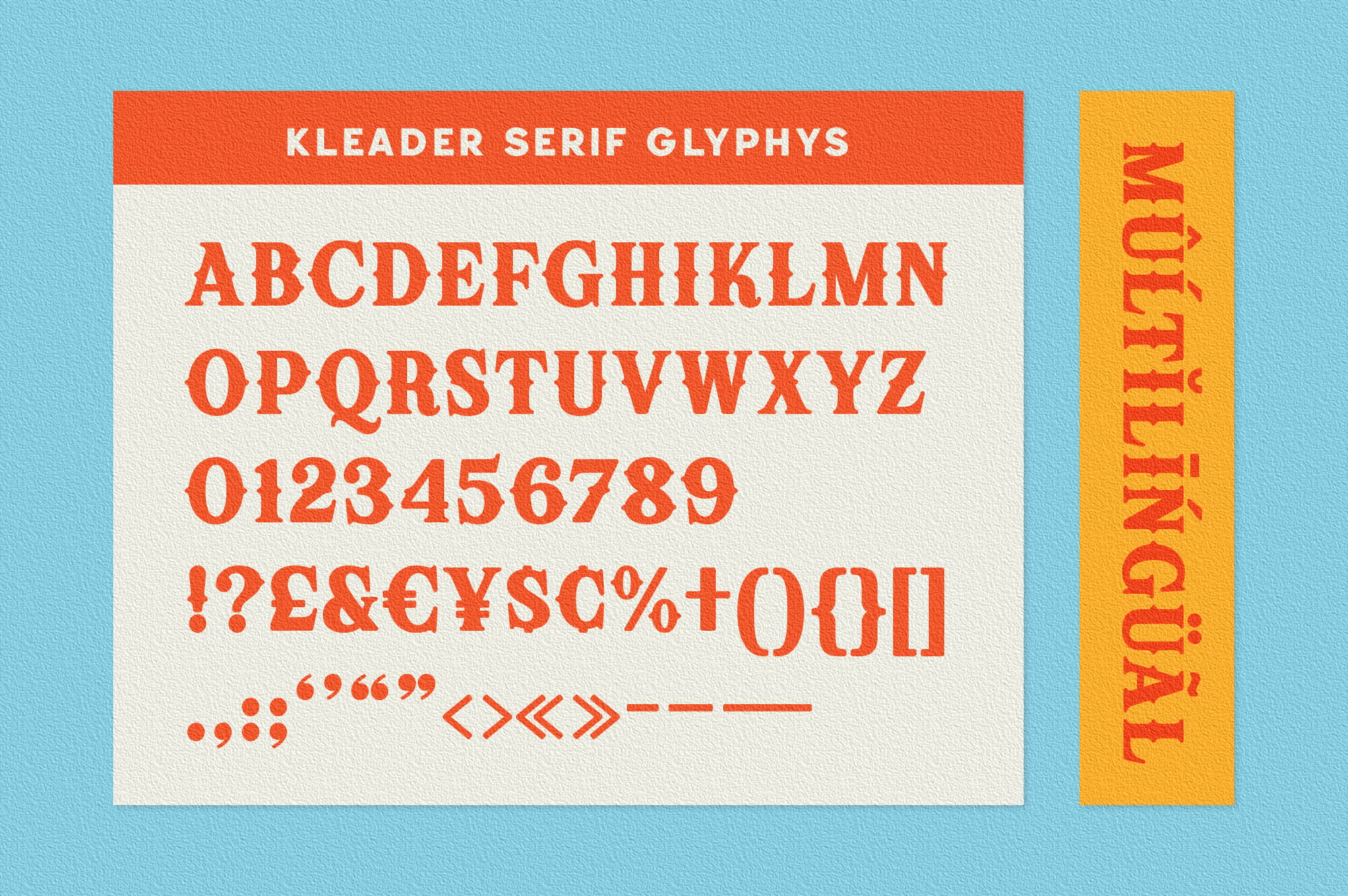 Kleader Serif font displaying full character set with letters, numbers, punctuation in bold red on cream background