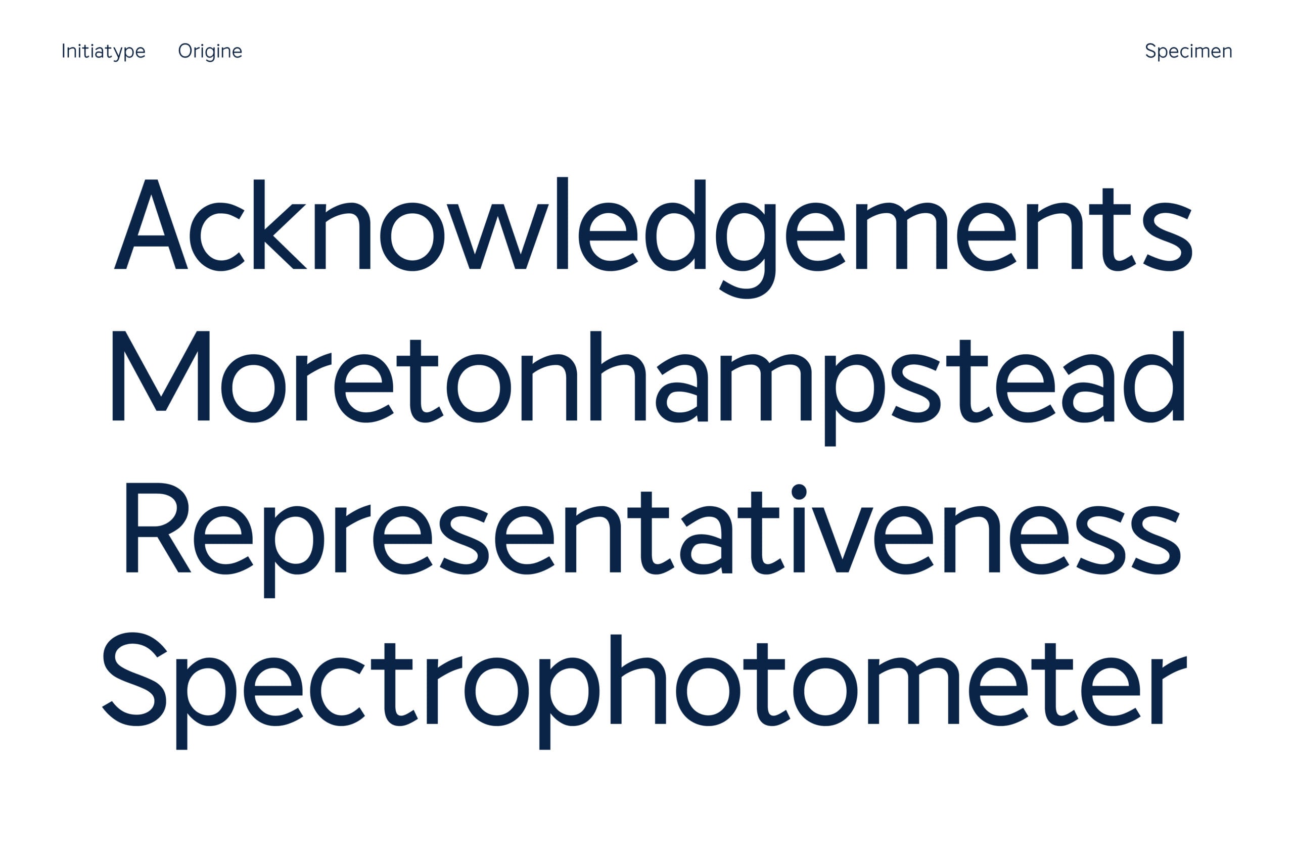 Initiotype Origine font specimen showing clean sans serif typeface in navy blue