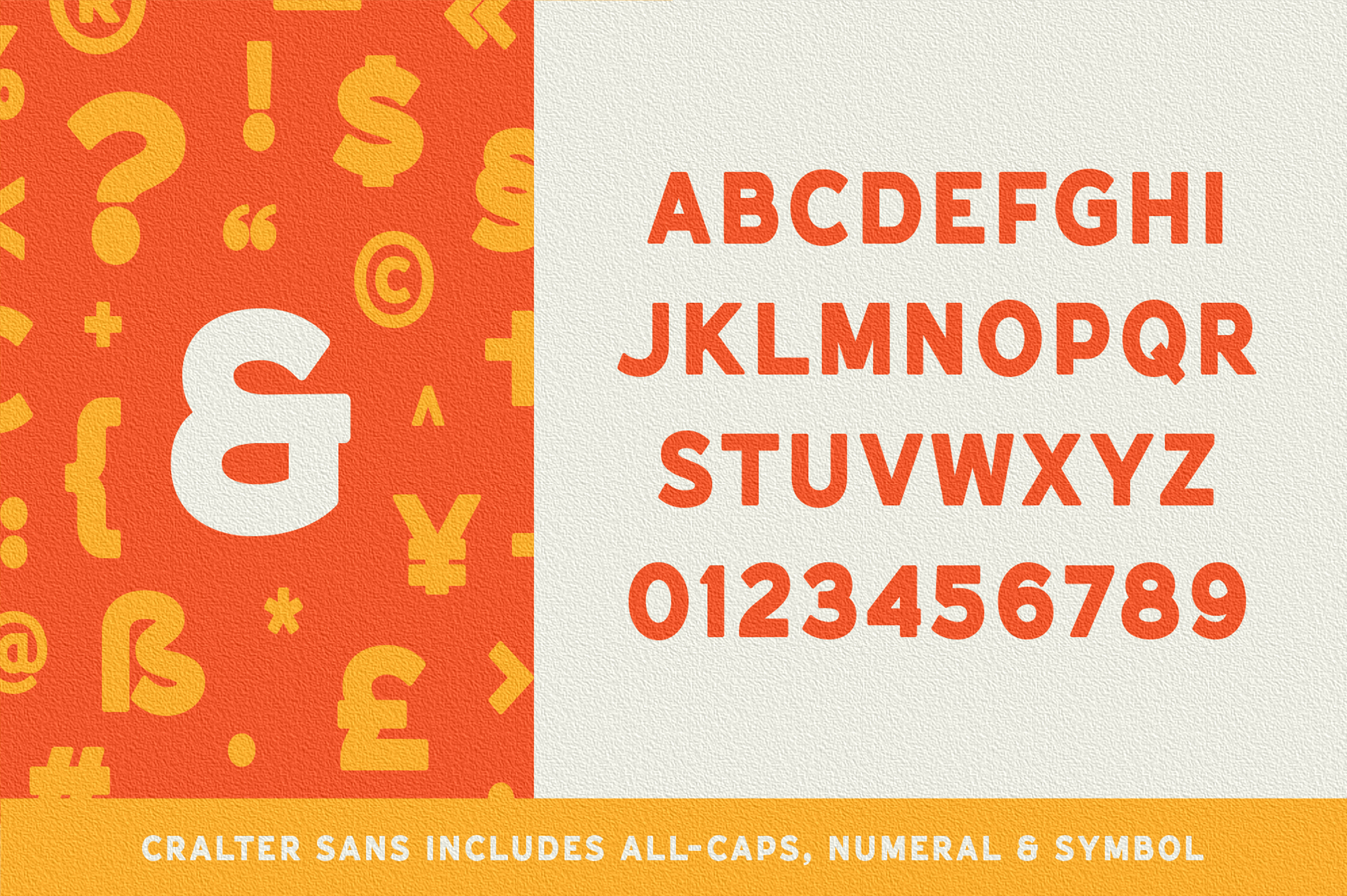 Bold sans serif font with full character set displayed across cream background, orange symbols pattern on left