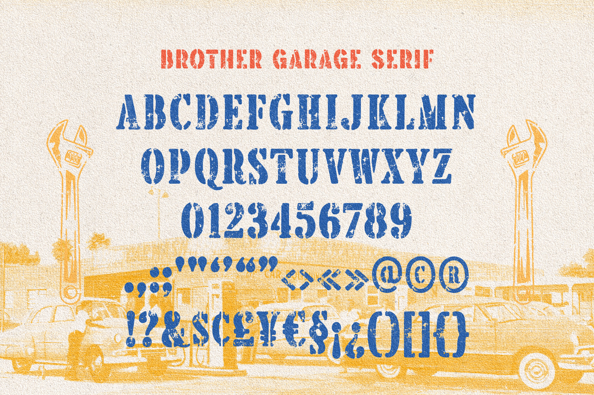 Brother Garage Serif font with full character set on vintage garage background