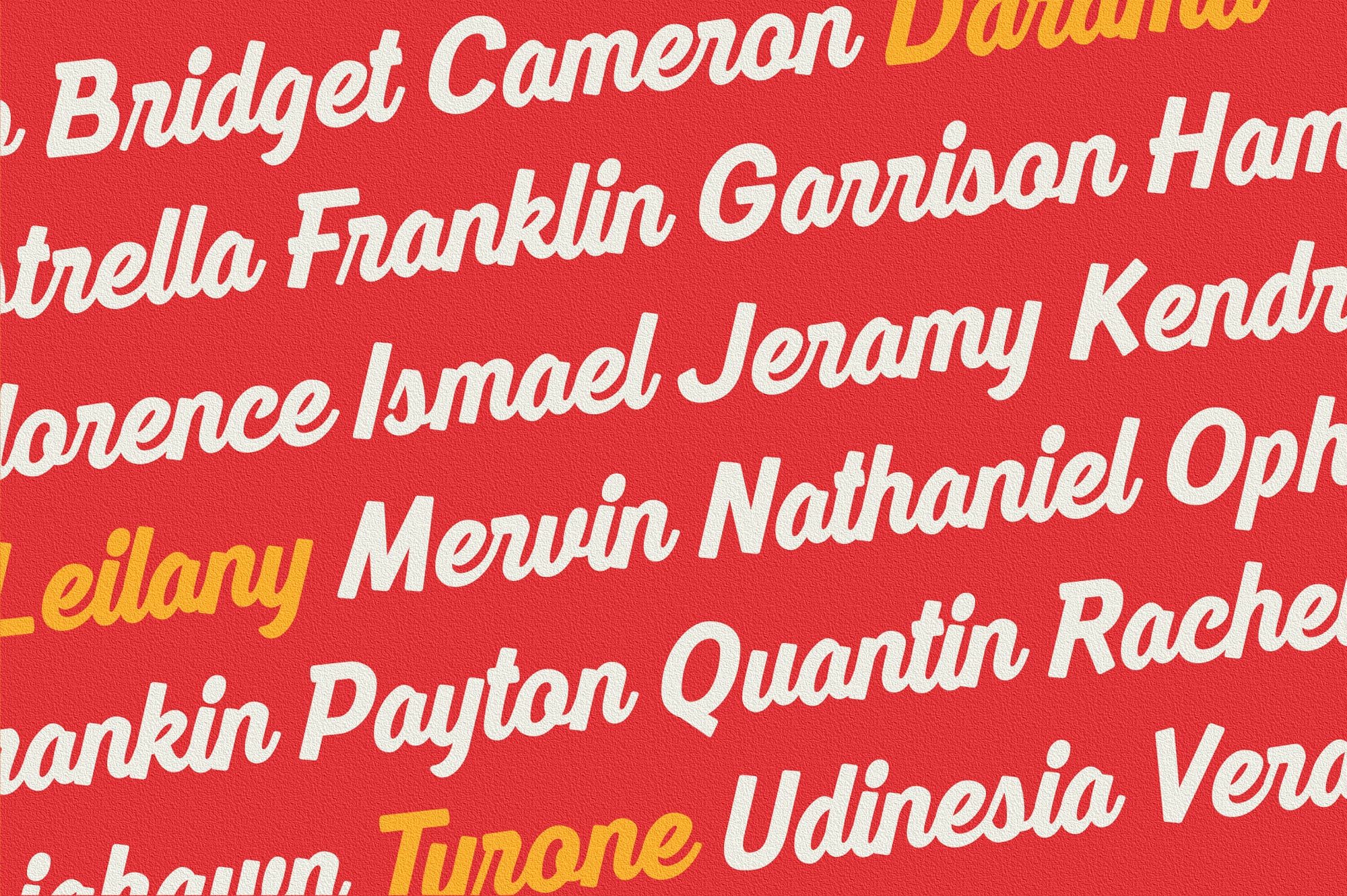 Overlapping white italic names on bright red background with yellow accents