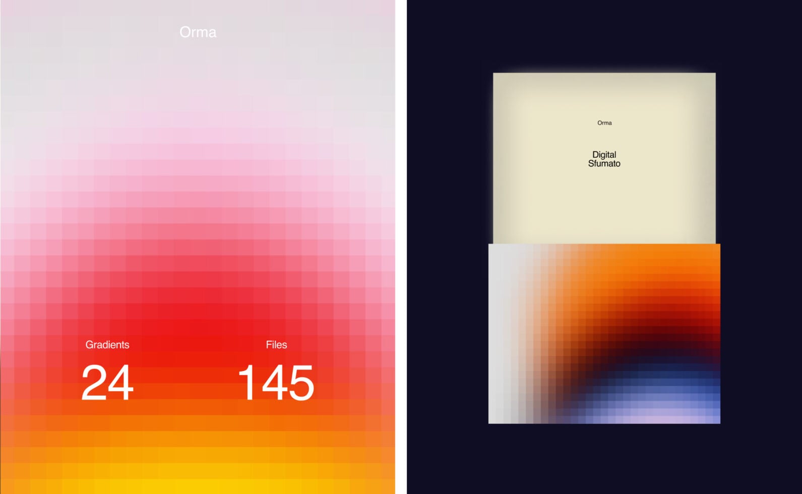 Orma gradient pack showing 24 gradients plus 145 files with color swatches