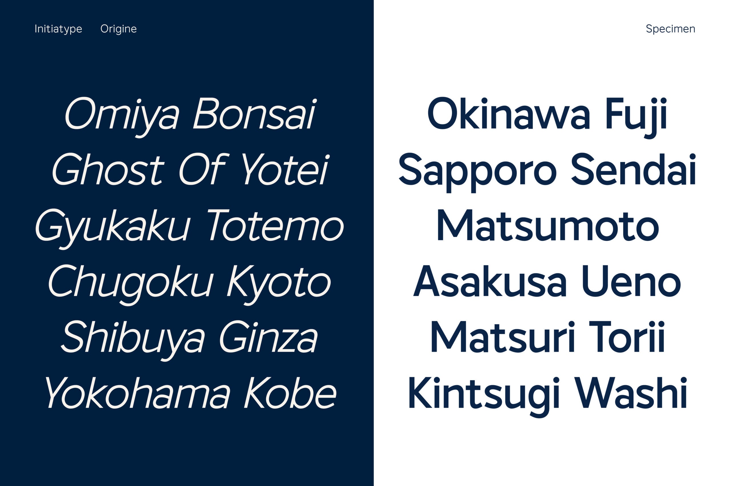 Font specimen showing Origine italic weights on dark blue next to regular weights on white