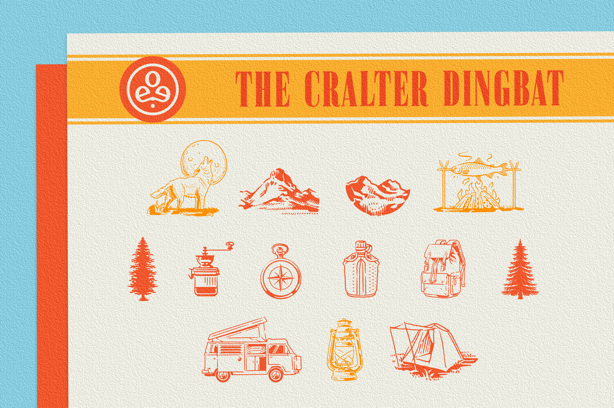 Retro outdoor icon set with camping gear, mountains, compass, campfire, van plus trees