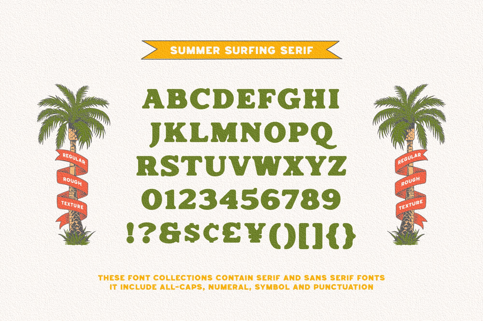 Textured green serif font with palm trees, numbers, symbols, summer vibes