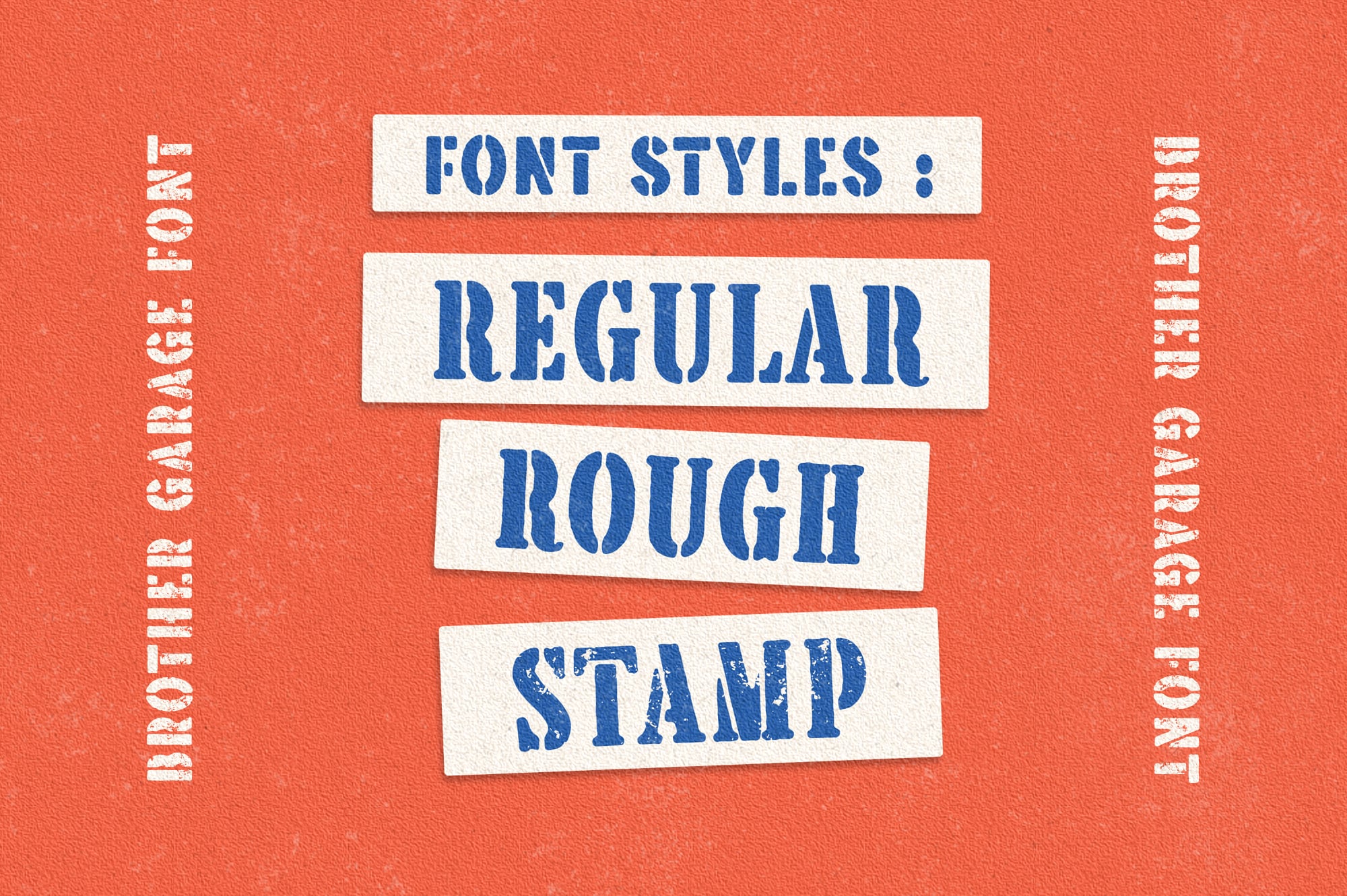 Retro font family showing regular, rough, stamp styles in blue on burnt orange texture background