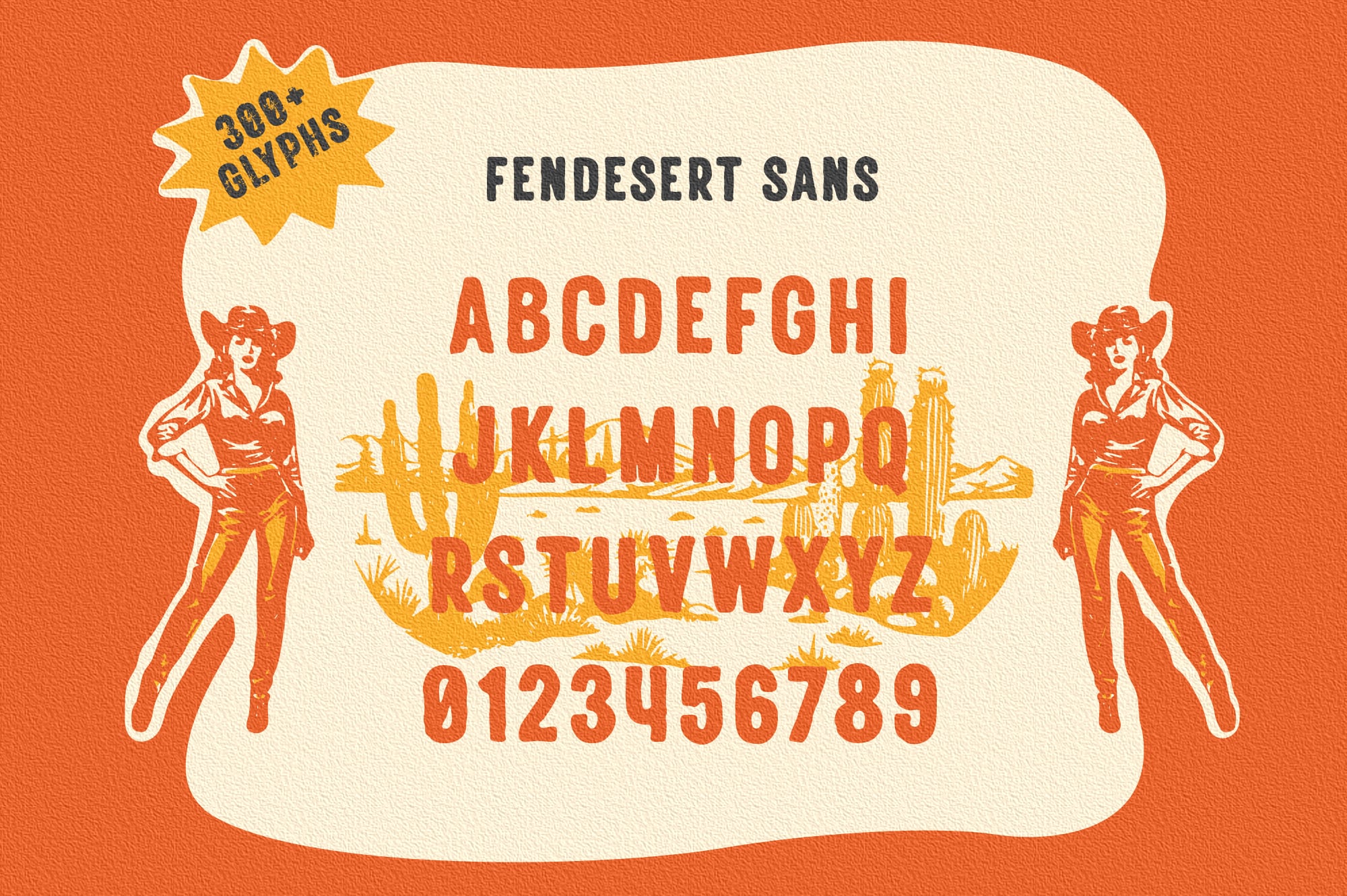 Fendesert Sans font with 300+ glyphs, retro western vibes, cowgirl illustrations, cactus graphics