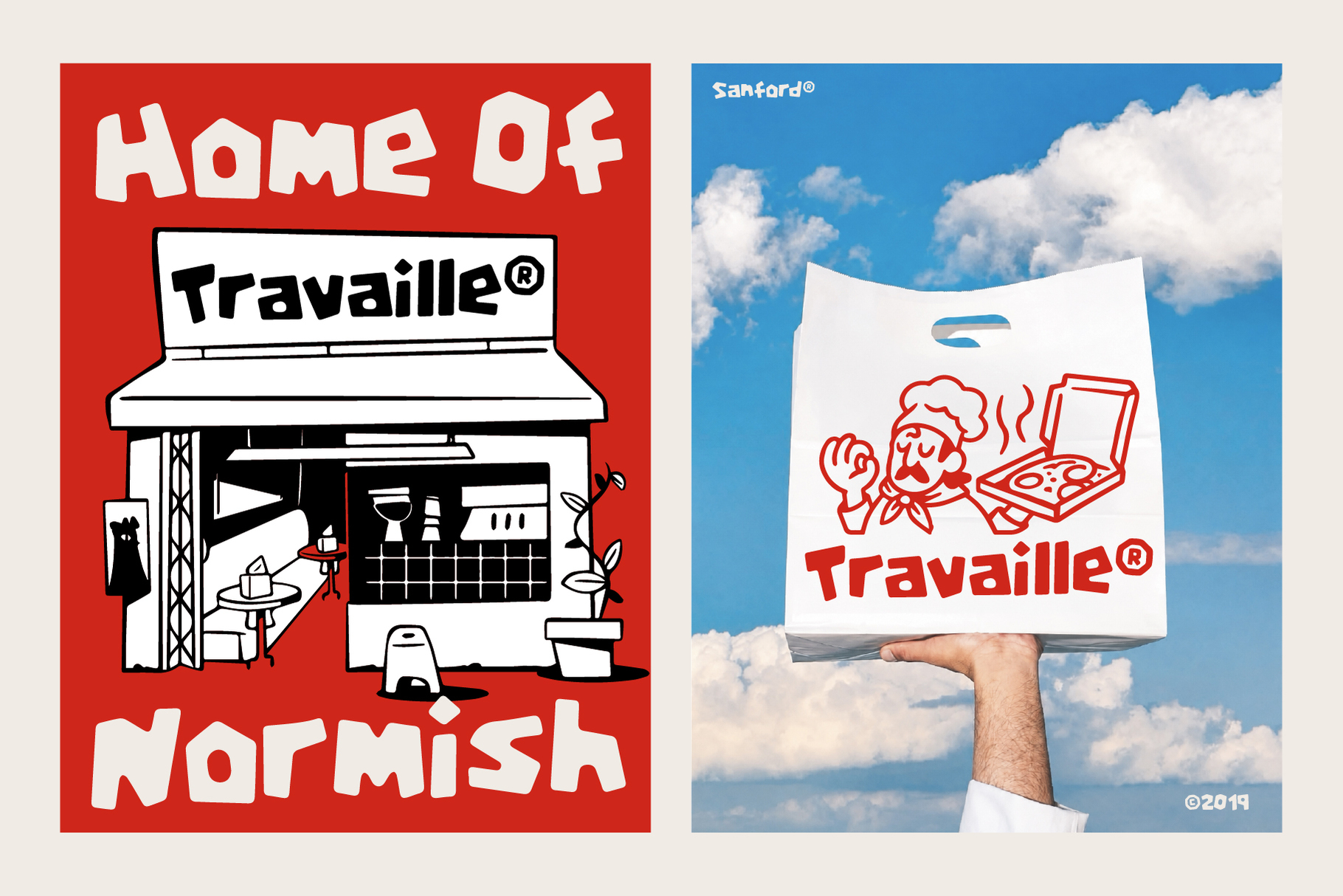 Split-screen mockup showing retro Travaille branding on red poster with storefront sketch, right side shows logo on white card held against blue sky