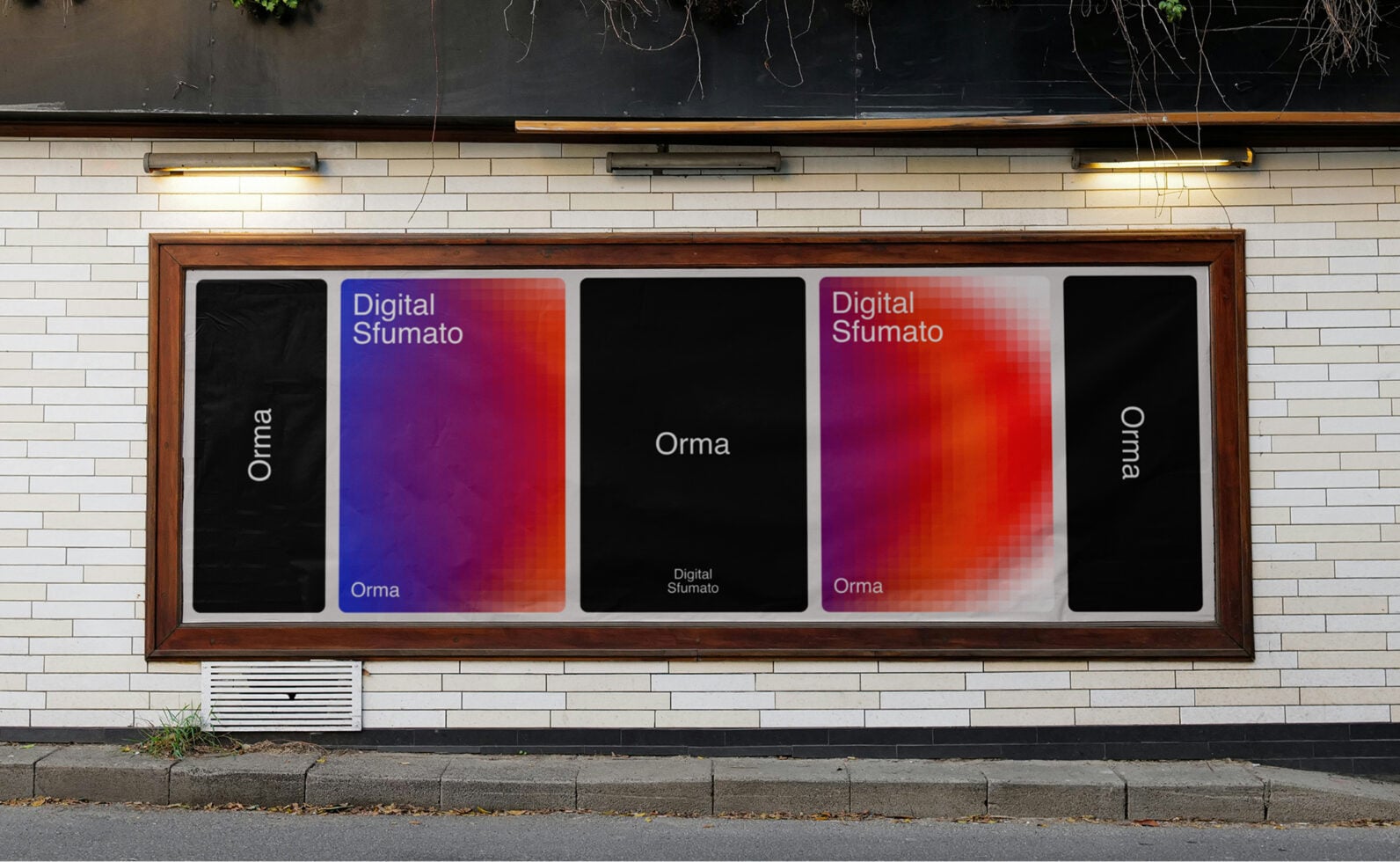 Storefront window display mockup with five vertical panels showing gradient overlays in purple, red, orange tones