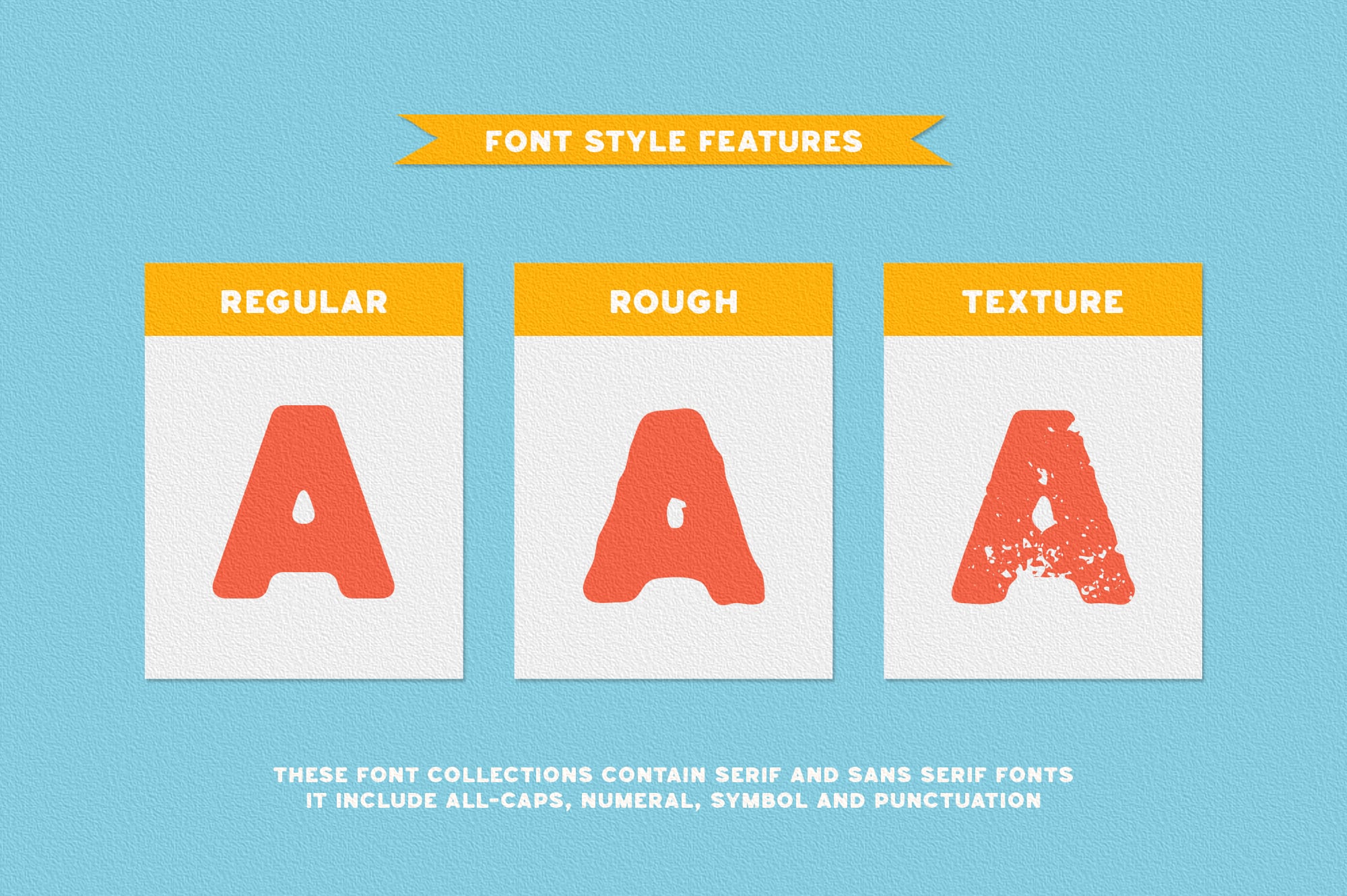 Font style comparison showing regular, rough, plus textured variations on light blue background