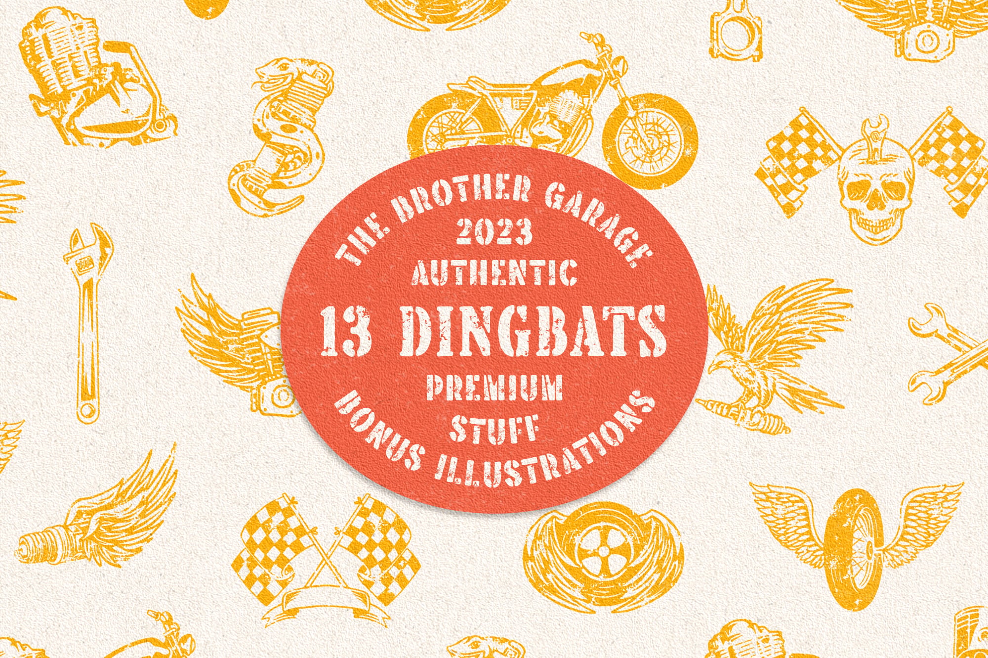 Retro garage badge surrounded by hand-drawn motorcycle engines, tools, skulls, wings in gold