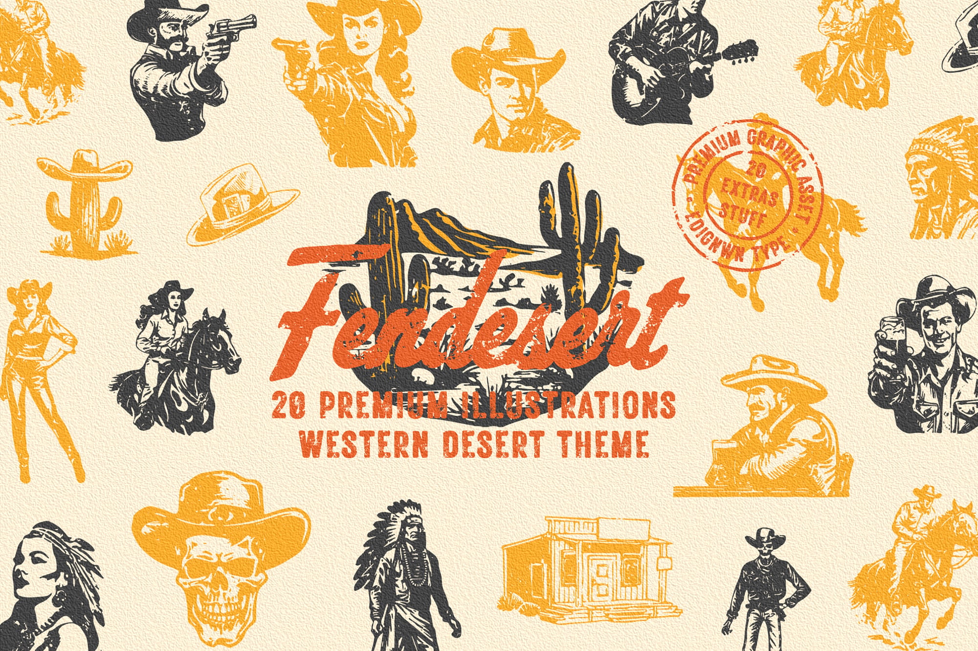 Retro western illustration pack with cowboys, cacti, saloons, native americans, horses, plus decorative elements in orange, black, cream