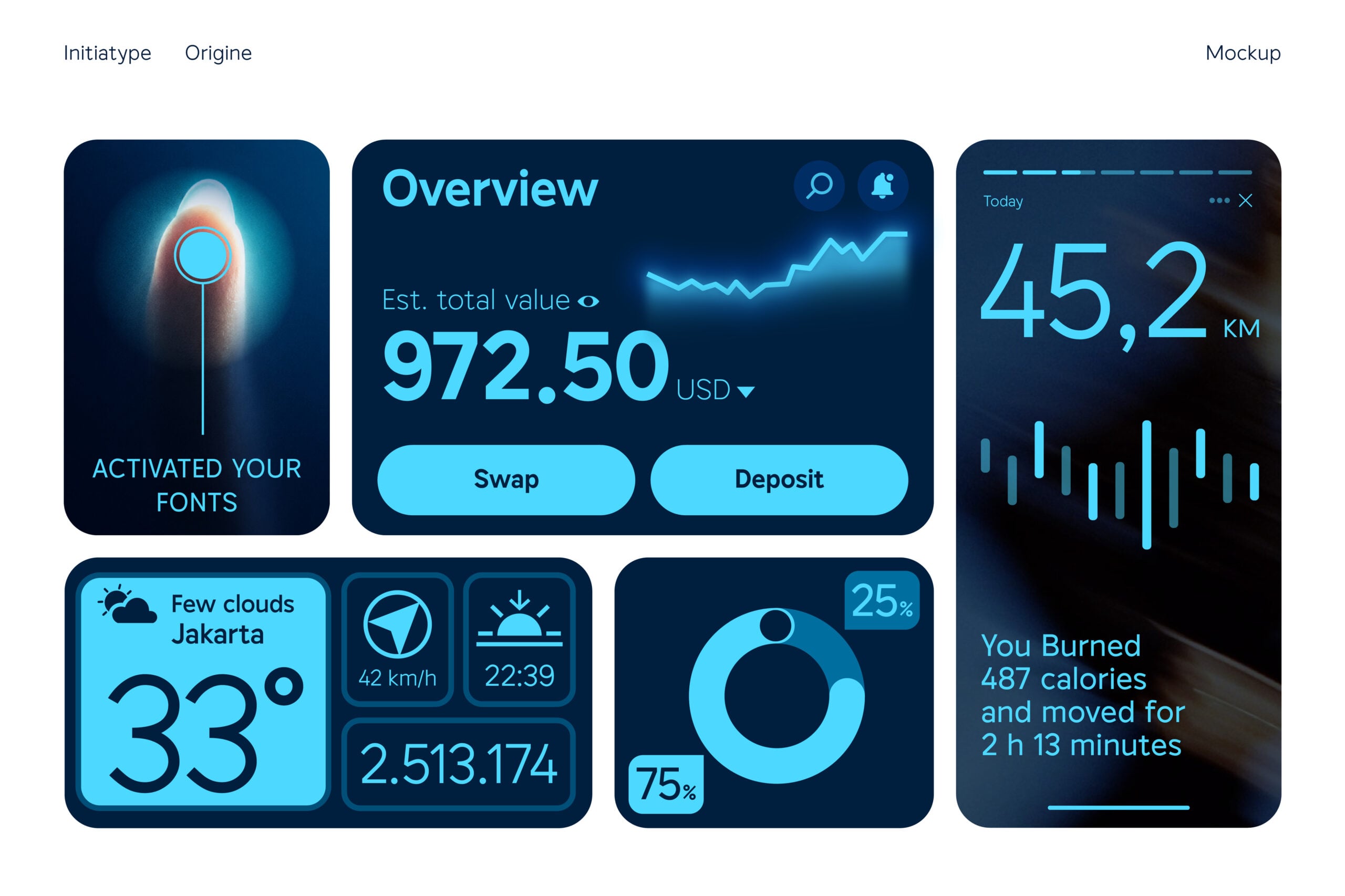 Dark fintech dashboard mockup with neon cyan UI showing portfolio overview, weather widget, fitness tracking, plus donut charts