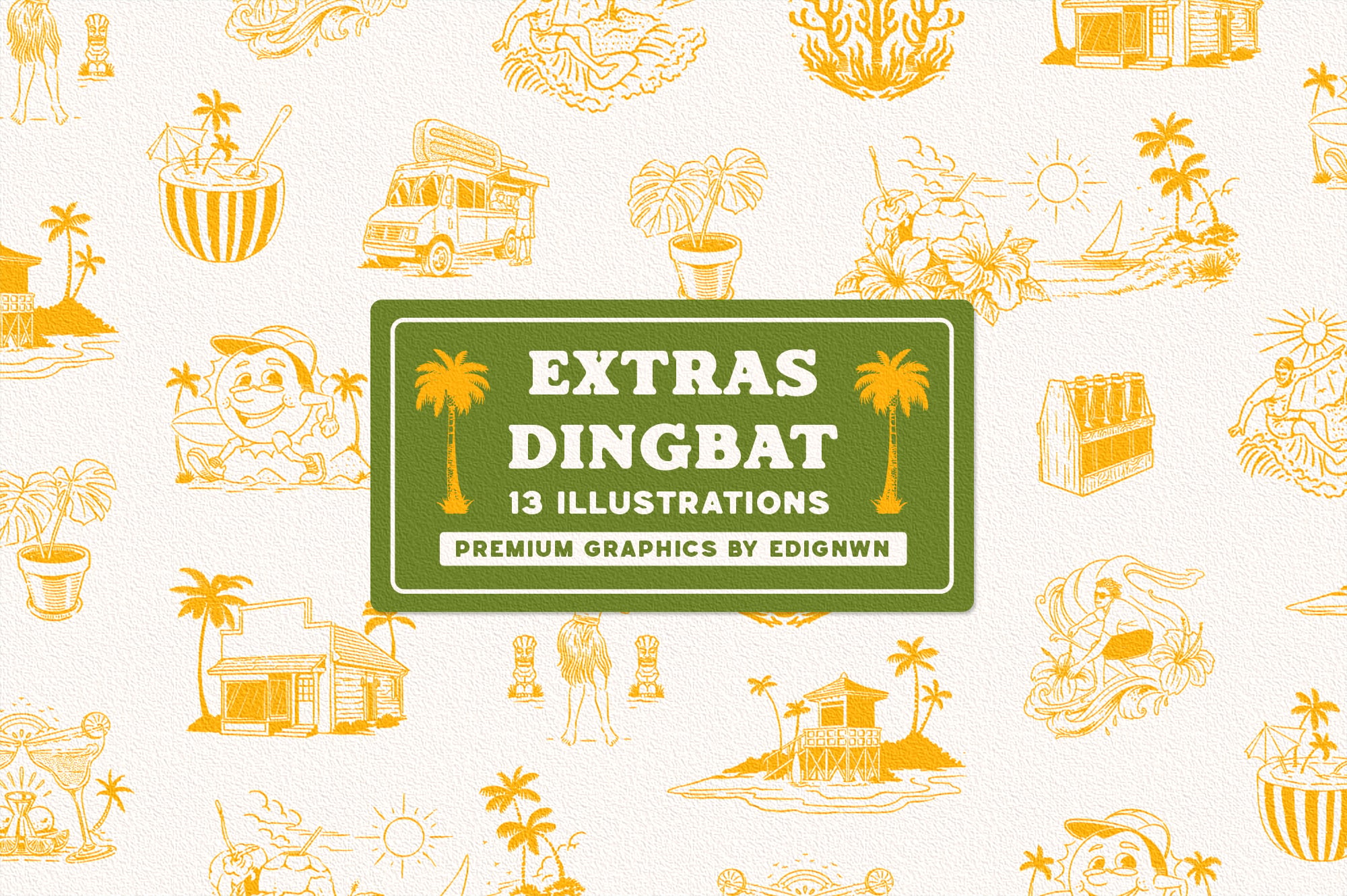 Yellow line art tropical dingbat illustrations with palm trees, beach huts, cocktails, food trucks scattered across cream background