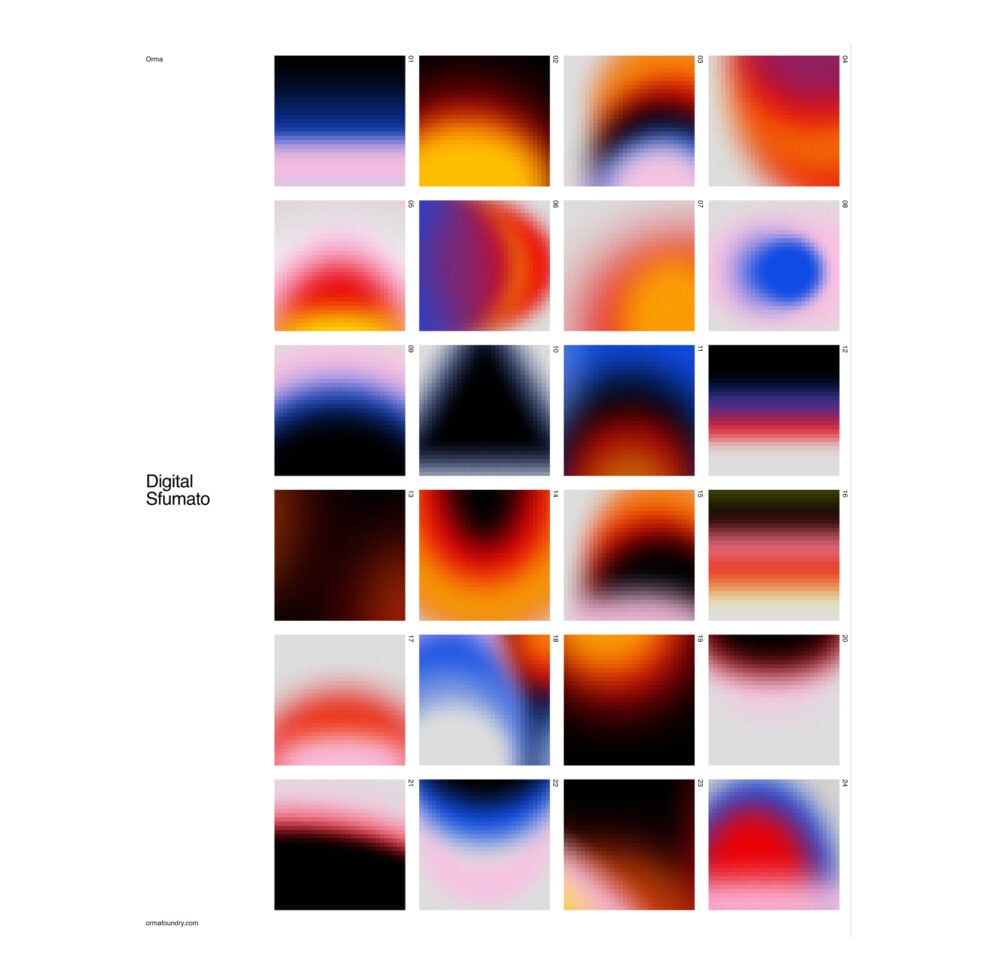 Oma gradient pack with 24 blurred color swatches in vibrant hues