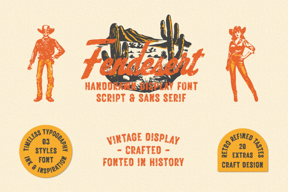 Retro western font family with cowboy figures, desert landscape, plus 20 bonus design elements