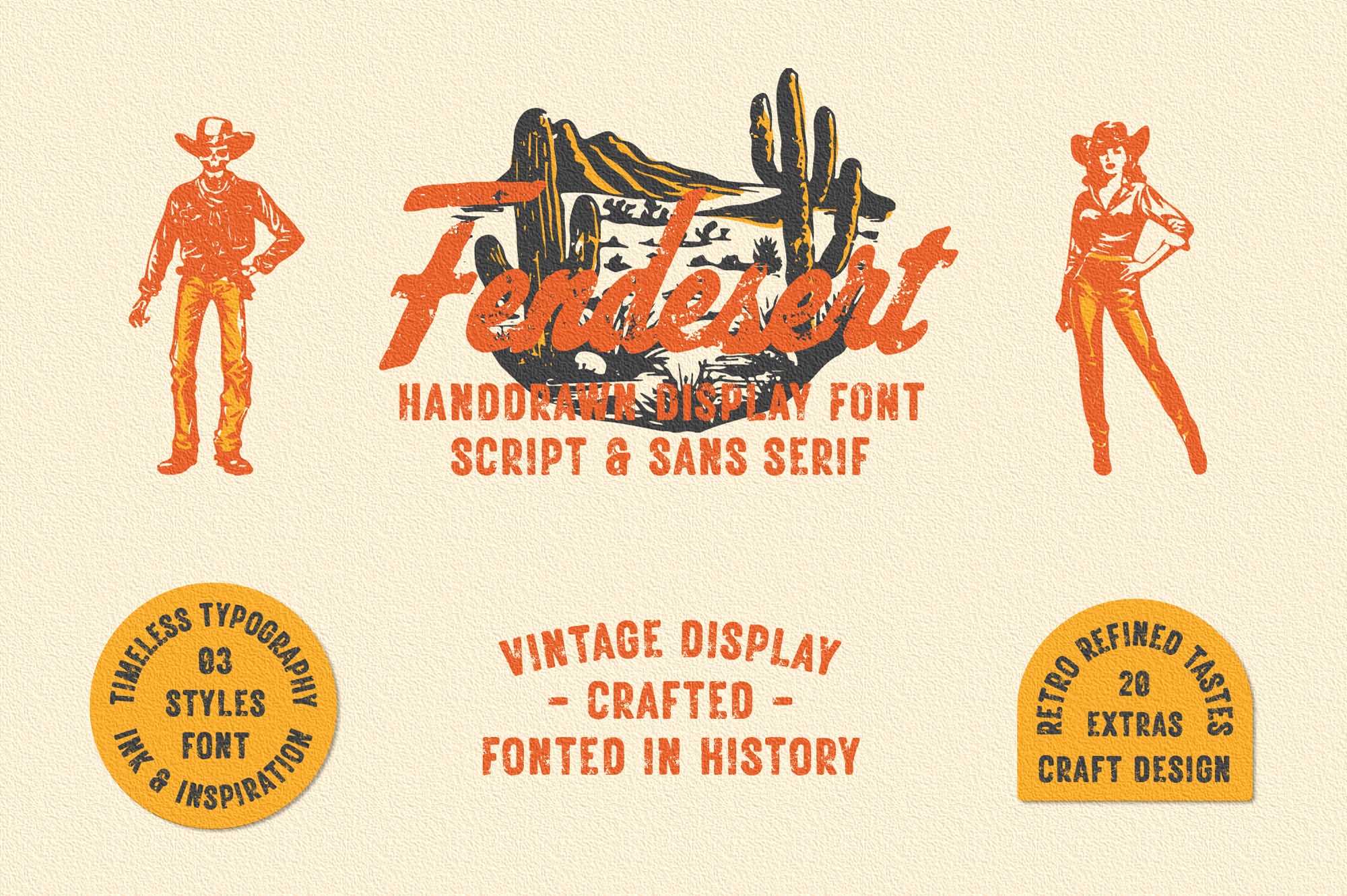 Retro western font family with cowboy figures, desert landscape, plus 20 bonus design elements