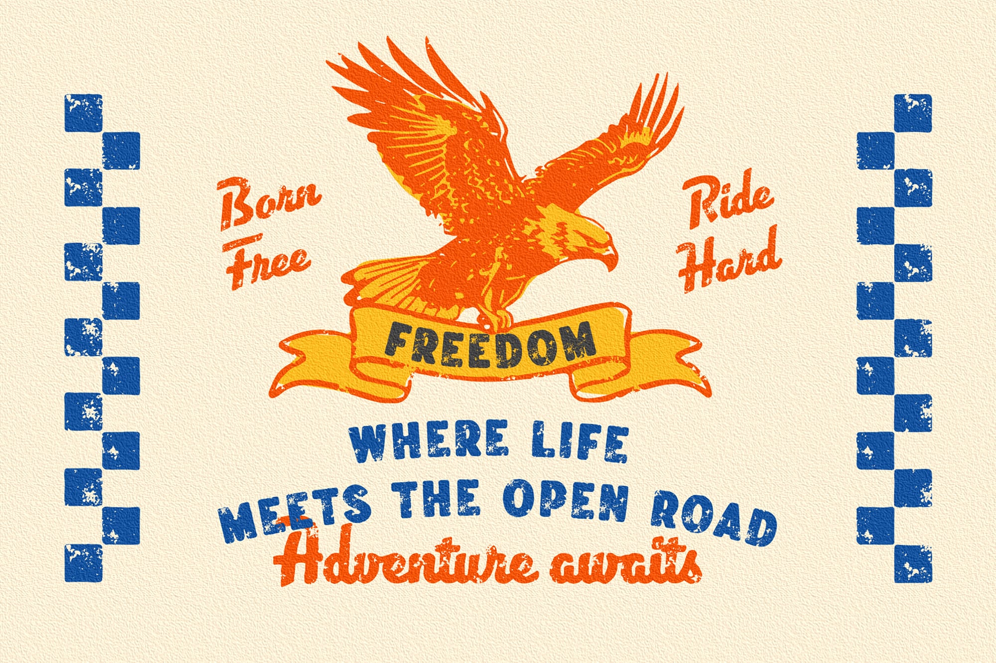Vintage eagle graphic with Born Free, Ride Hard, Freedom banner, retro americana vibes