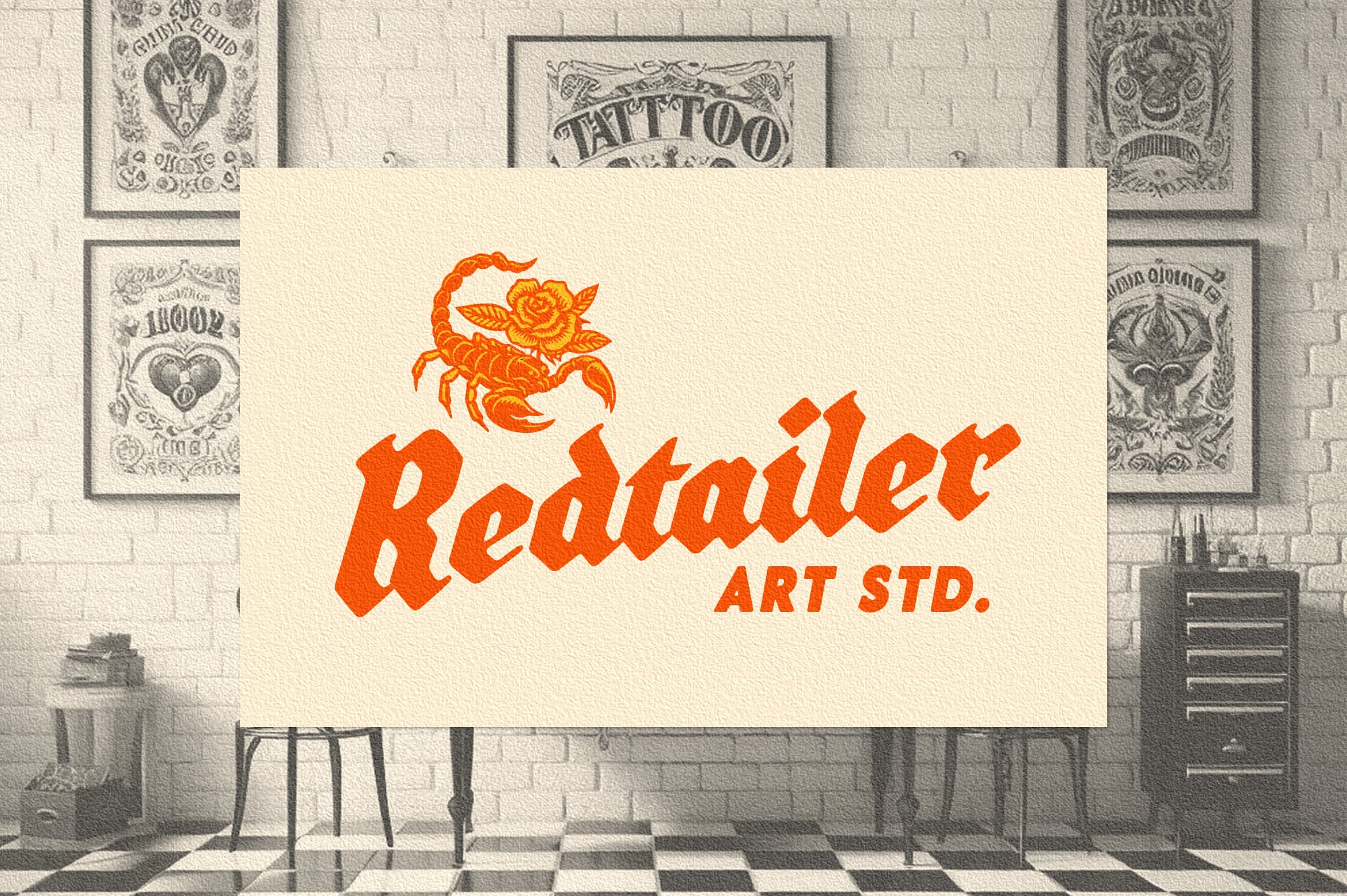 Redtailer Art Std vintage logo with orange scorpion on cream poster displayed on brick wall