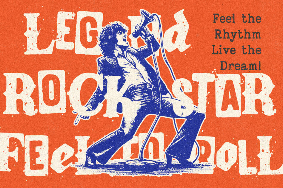Vintage rock poster with cream lettering on burnt orange, blue rocker silhouette center, motivational tagline right