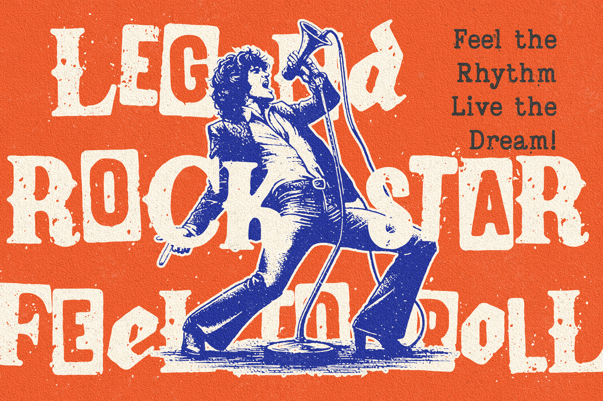 Vintage rock poster with cream lettering on burnt orange, blue rocker silhouette center, motivational tagline right