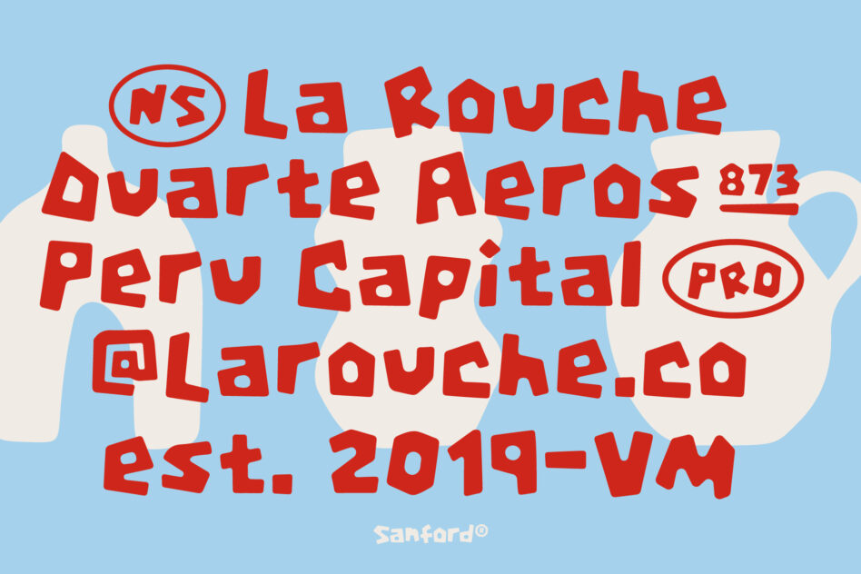 Bold red chunky text on soft blue background with cream blob shapes, La Rouche branding