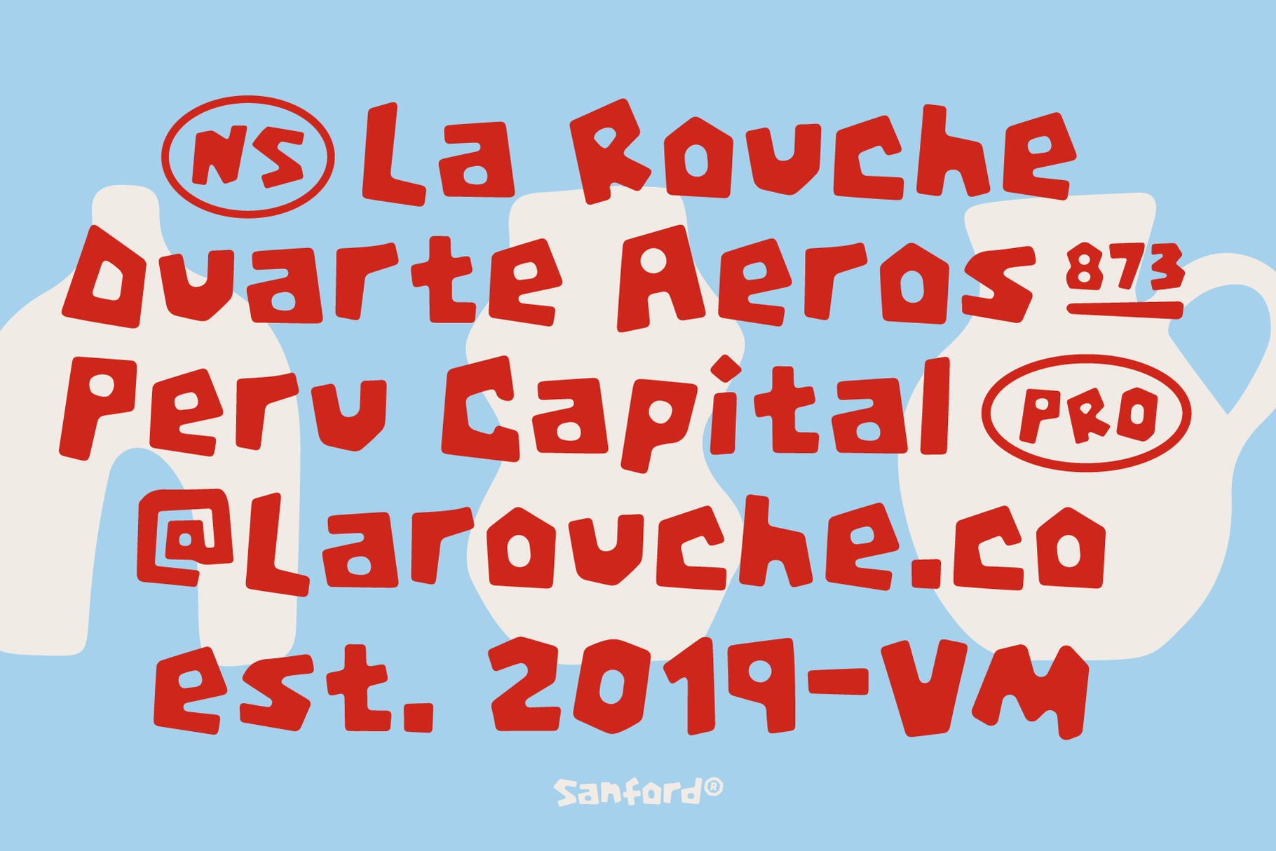 Bold red chunky text on soft blue background with cream blob shapes, La Rouche branding