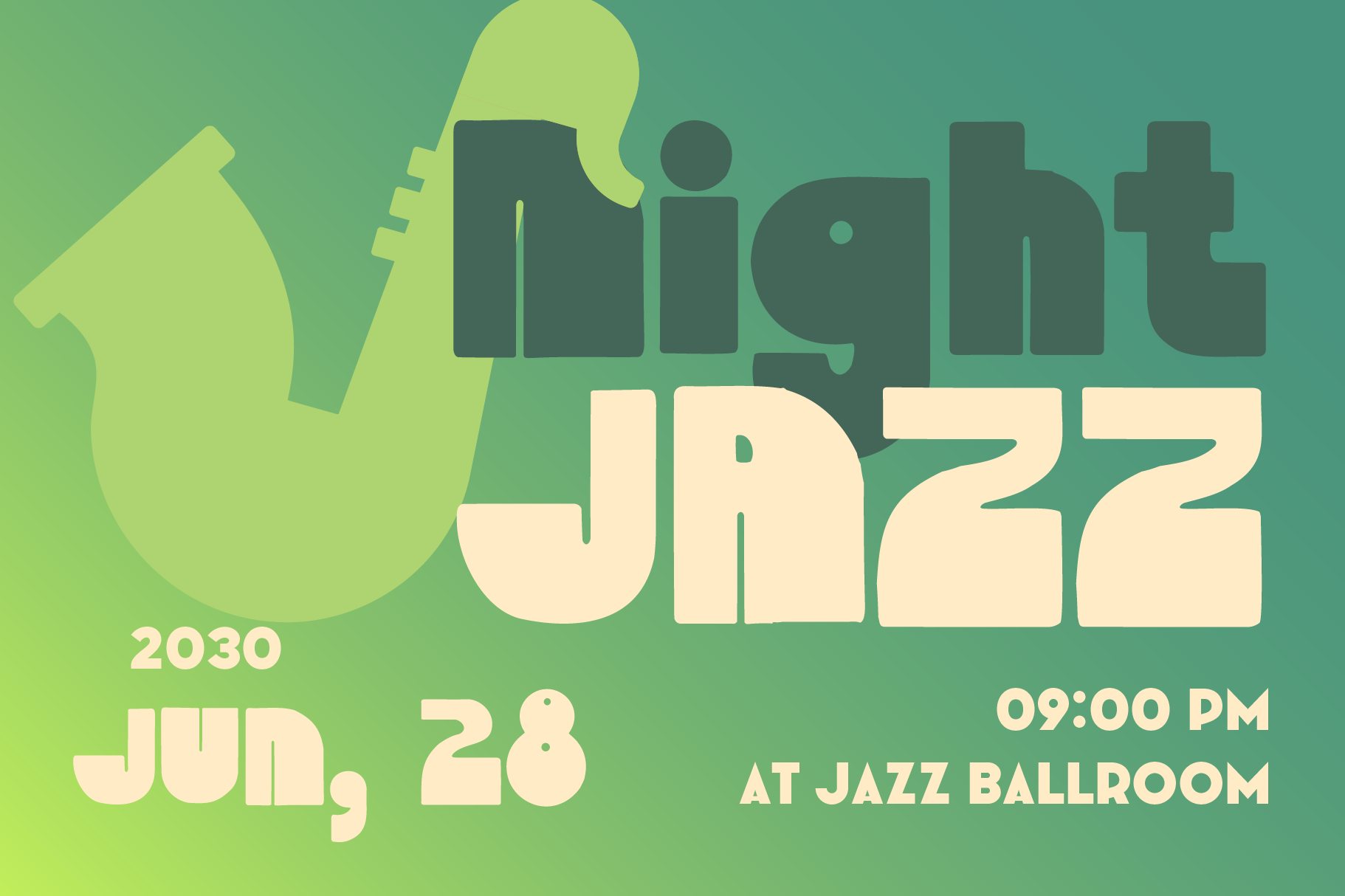 Retro jazz night poster with geometric shapes, cream type, green gradient background, horse silhouette