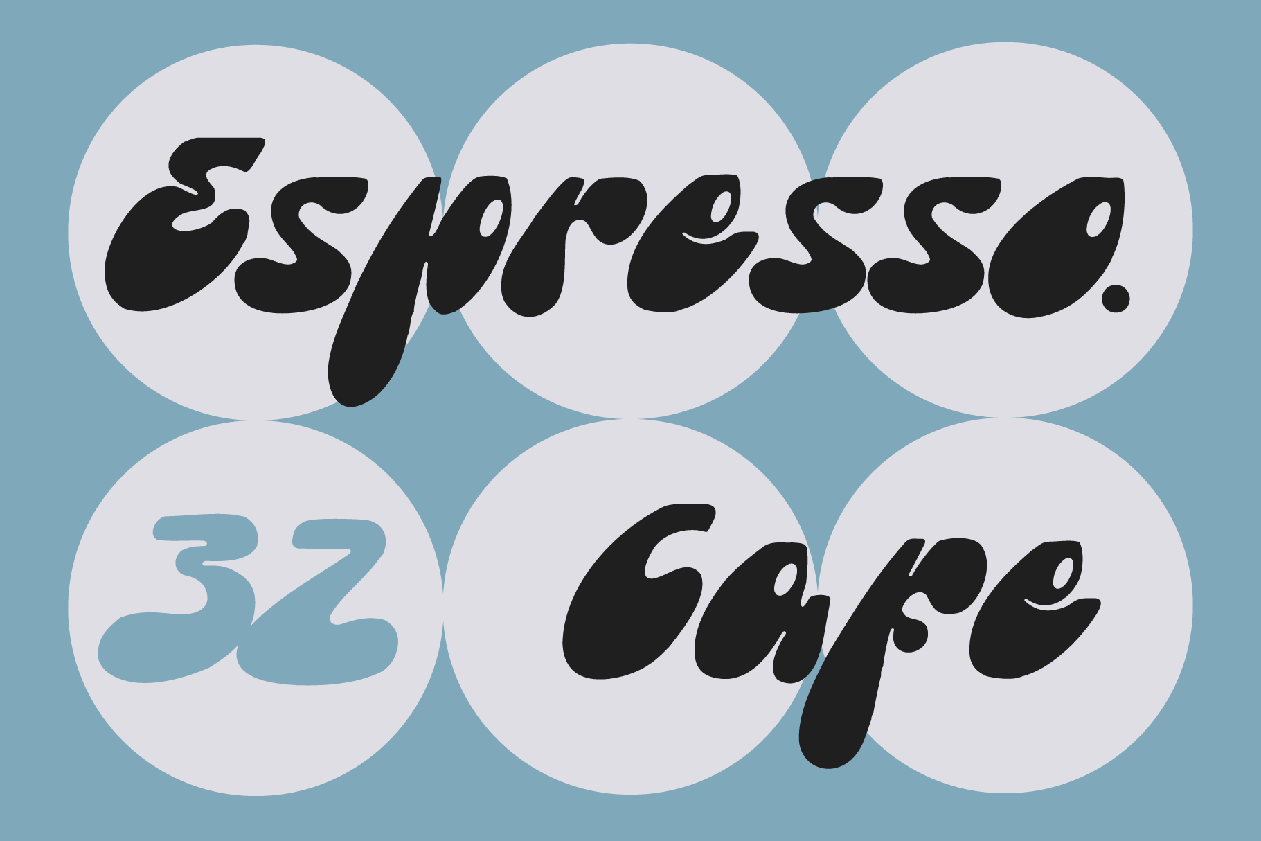 Espresso 32 Cafe display font in bold black italic lettering across circular badge mockups