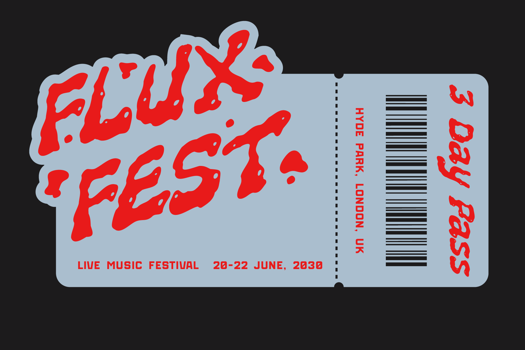 Festival ticket mockup with bold red lettering, barcode, torn edge design on light blue background
