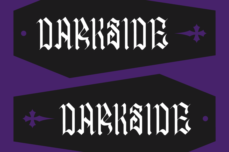 Darkside gothic font with ornate lettering on black banners, purple background with decorative crosses