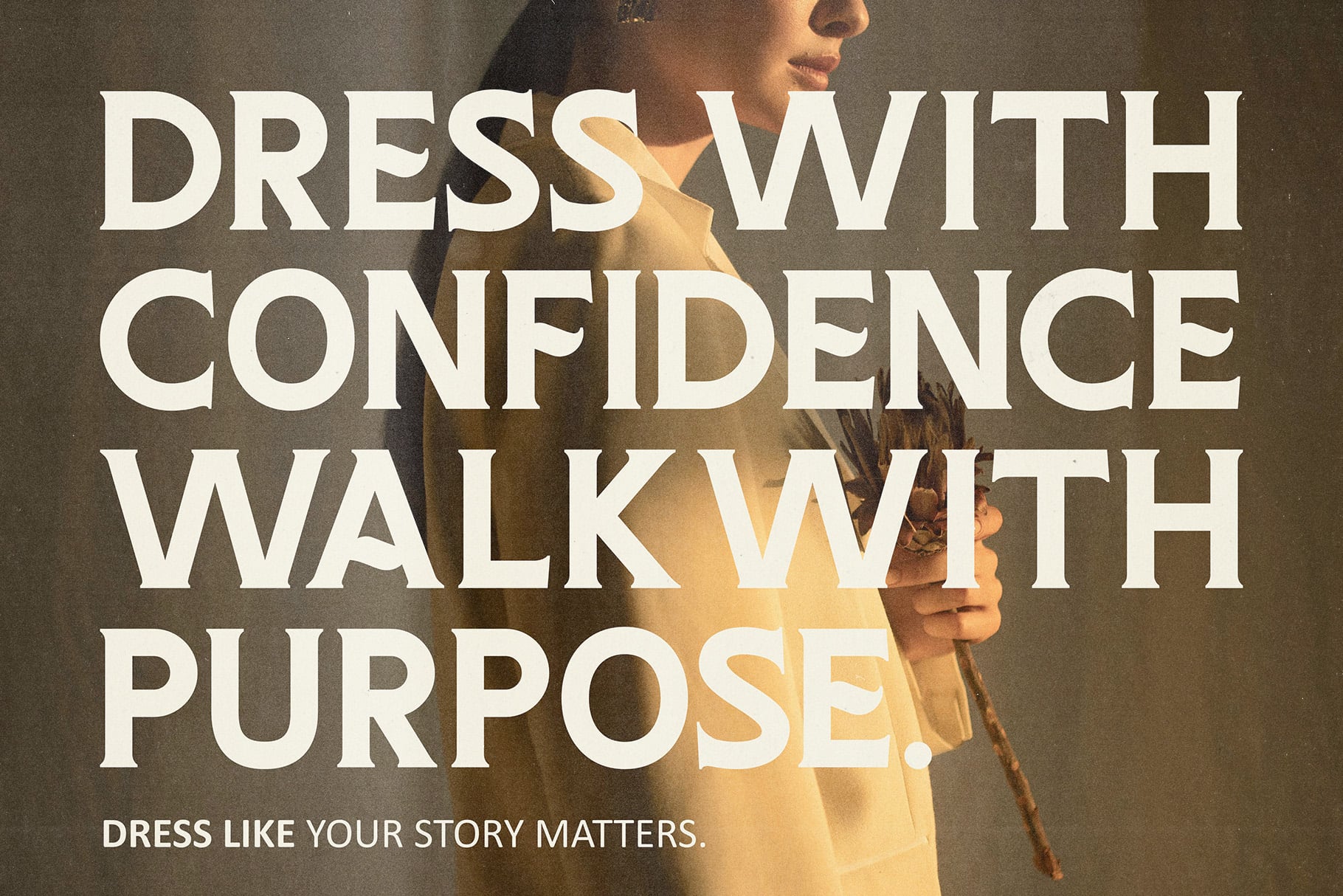 Overhead shot of woman in mustard blazer with motivational typography overlay about dressing with confidence