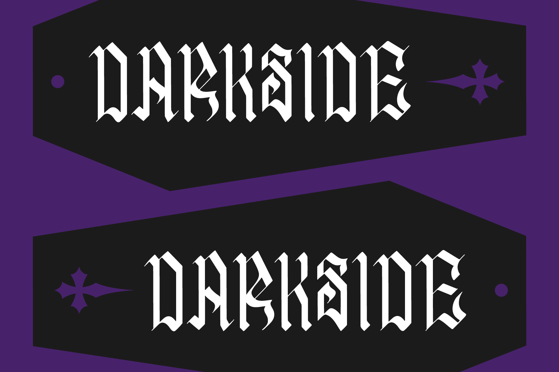 Darkside gothic font with ornate lettering on black banners, purple background with decorative crosses