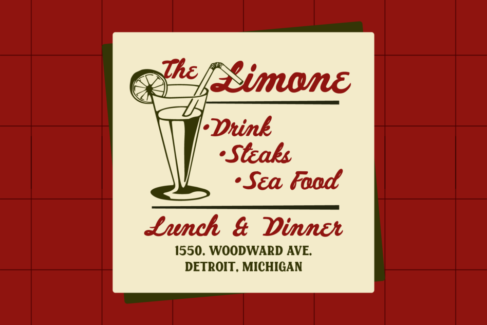 Vintage diner menu card for The Limone with cocktail graphic, mid-century typography on cream background