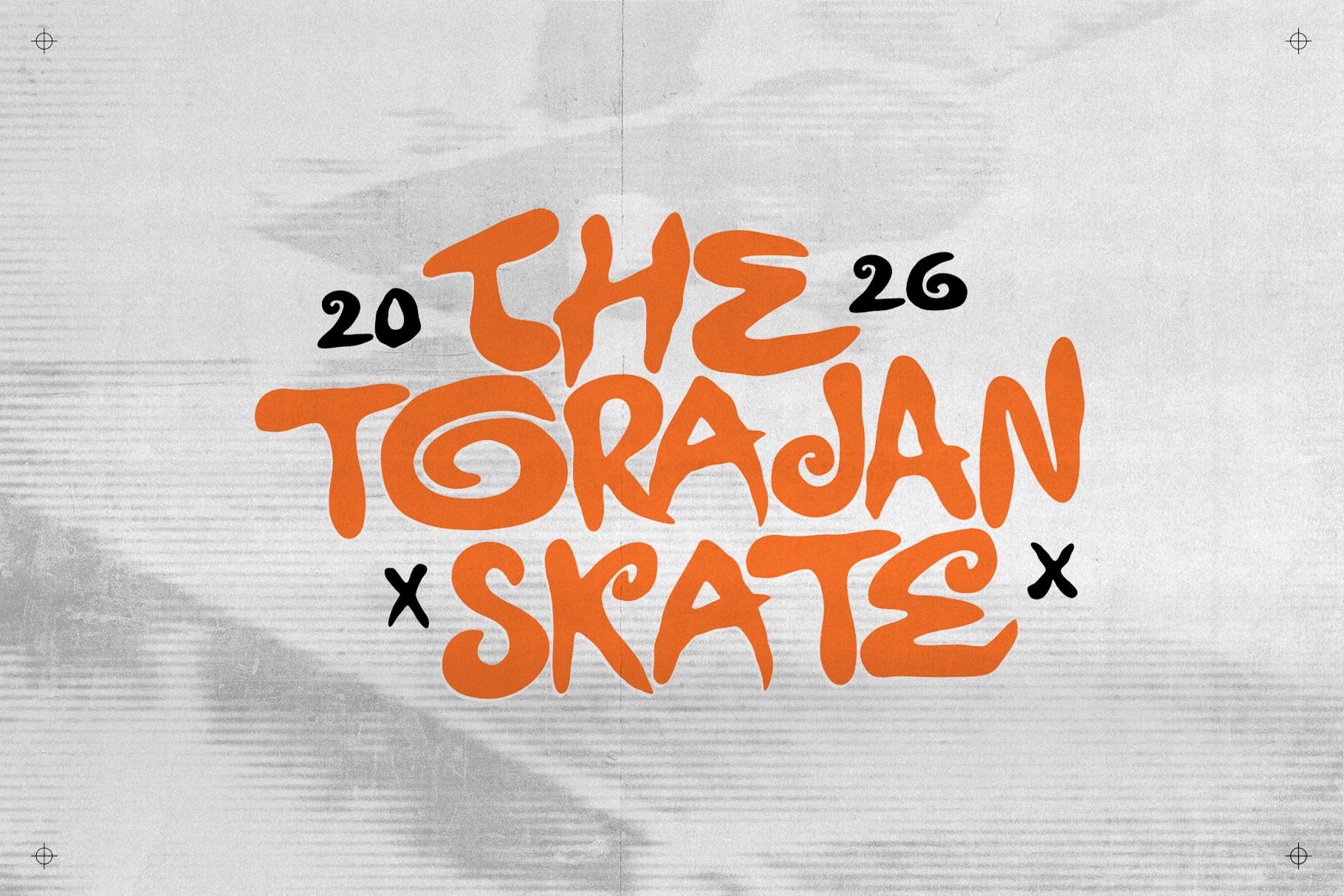 Bright orange hand-lettered text reading "The Torajan Skate" with dates on weathered gray background