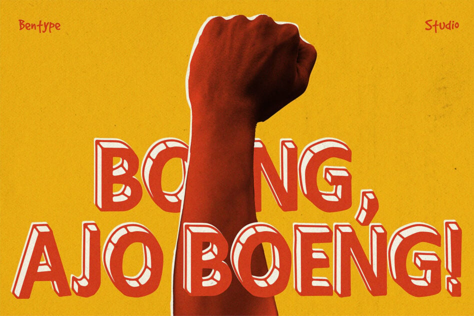 Retro poster with bold red fist, chunky 3D lettering saying "BONG AJOENG" on mustard yellow background