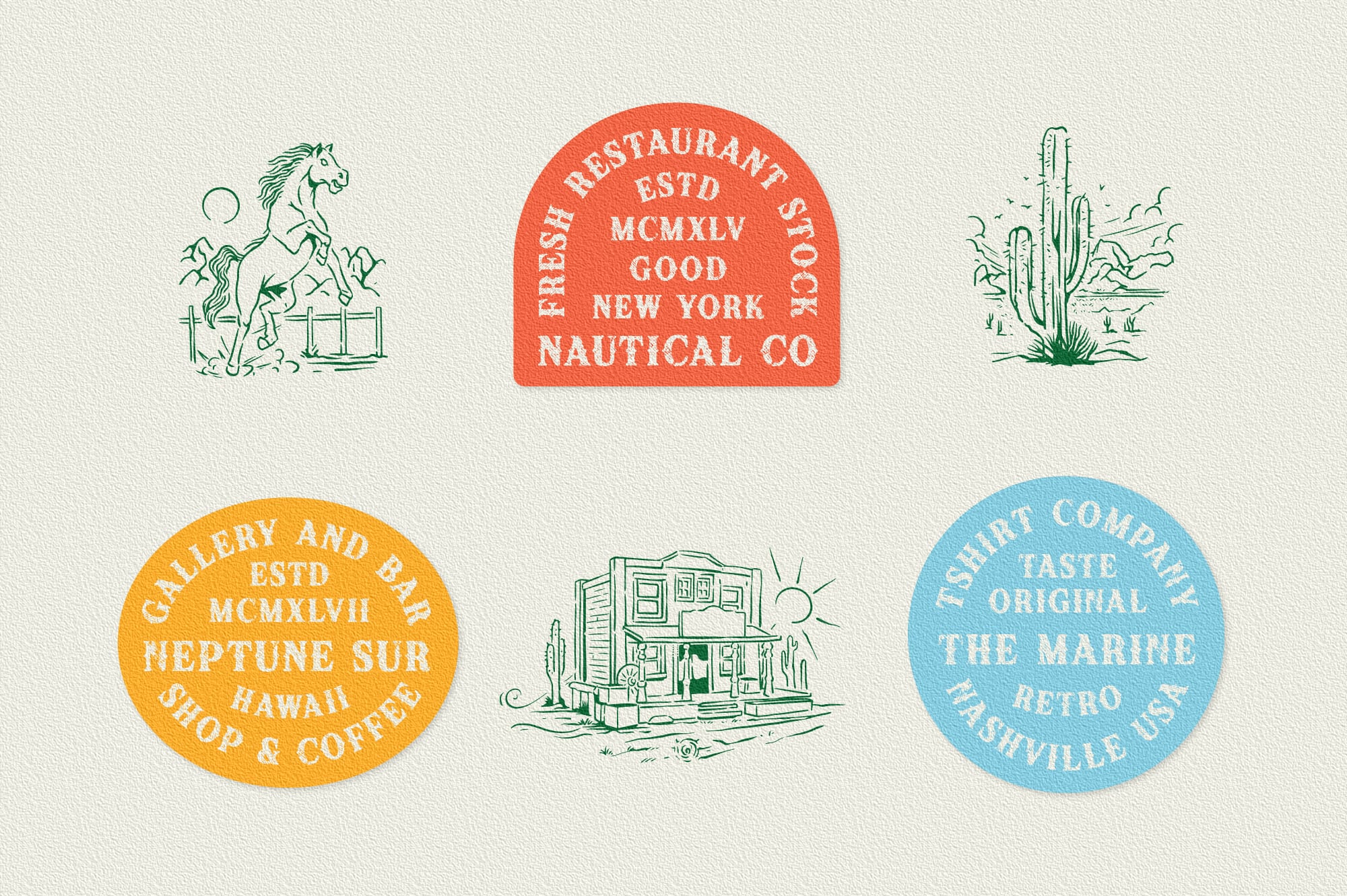 Vintage badge collection with horse ranch, restaurant, cactus, shop, storefront illustrations in retro colors