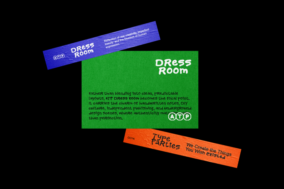 Colorful overlapping design cards in blue, green, orange with handwritten typography about Dress Room brand identity