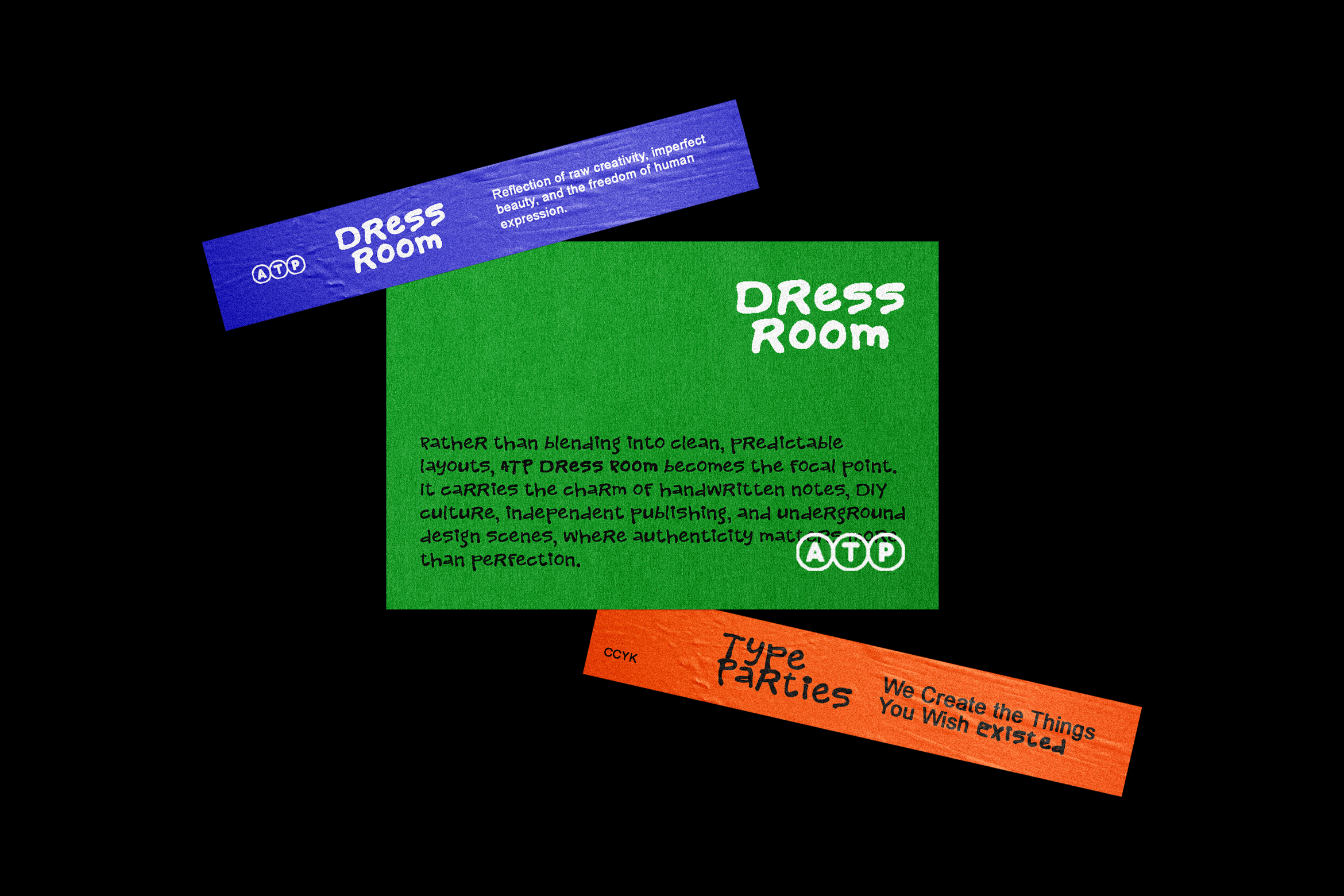 Colorful overlapping design cards in blue, green, orange with handwritten typography about Dress Room brand identity