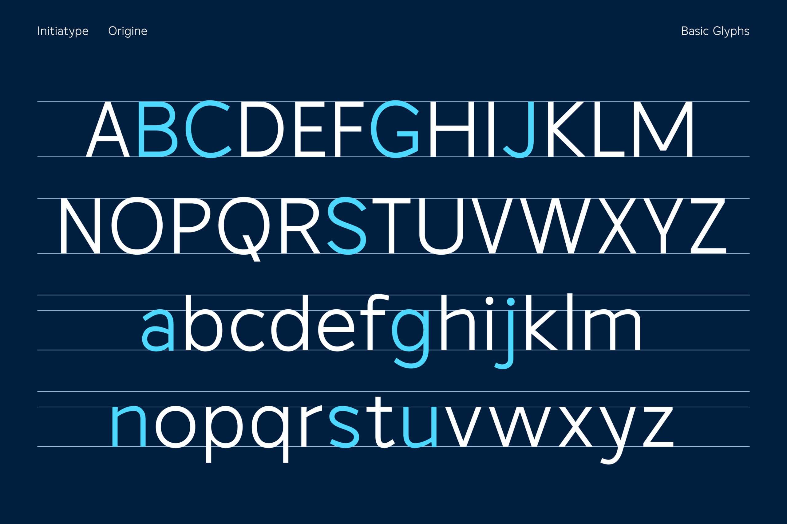 Origine typeface showing uppercase, lowercase, plus basic glyphs in cyan on dark blue