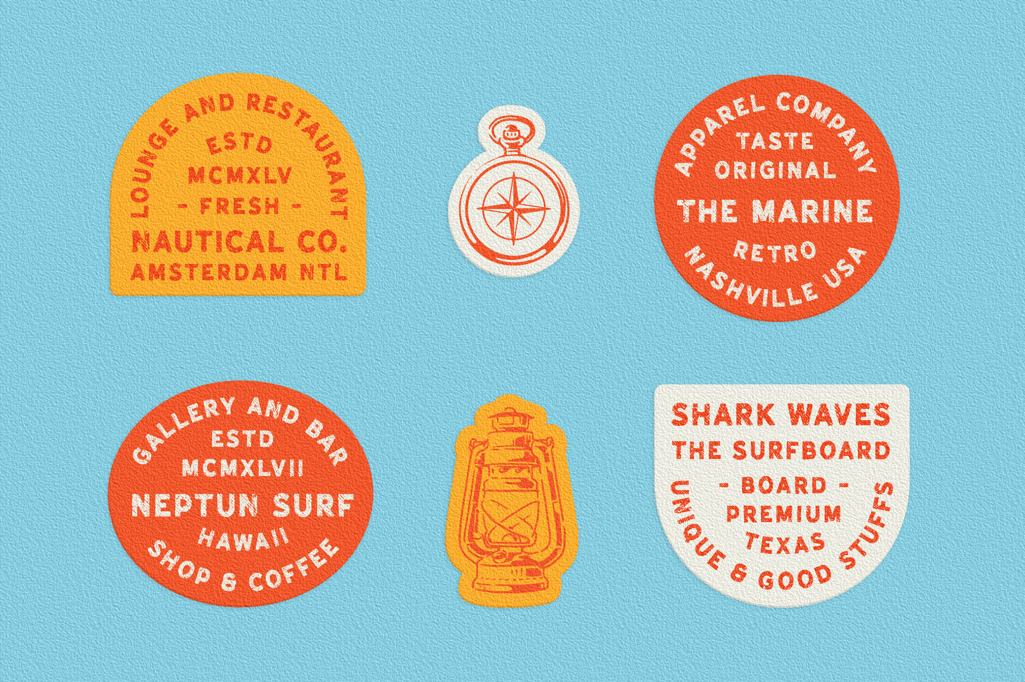 Retro badge mockups with nautical, surf, bar themes on light blue background
